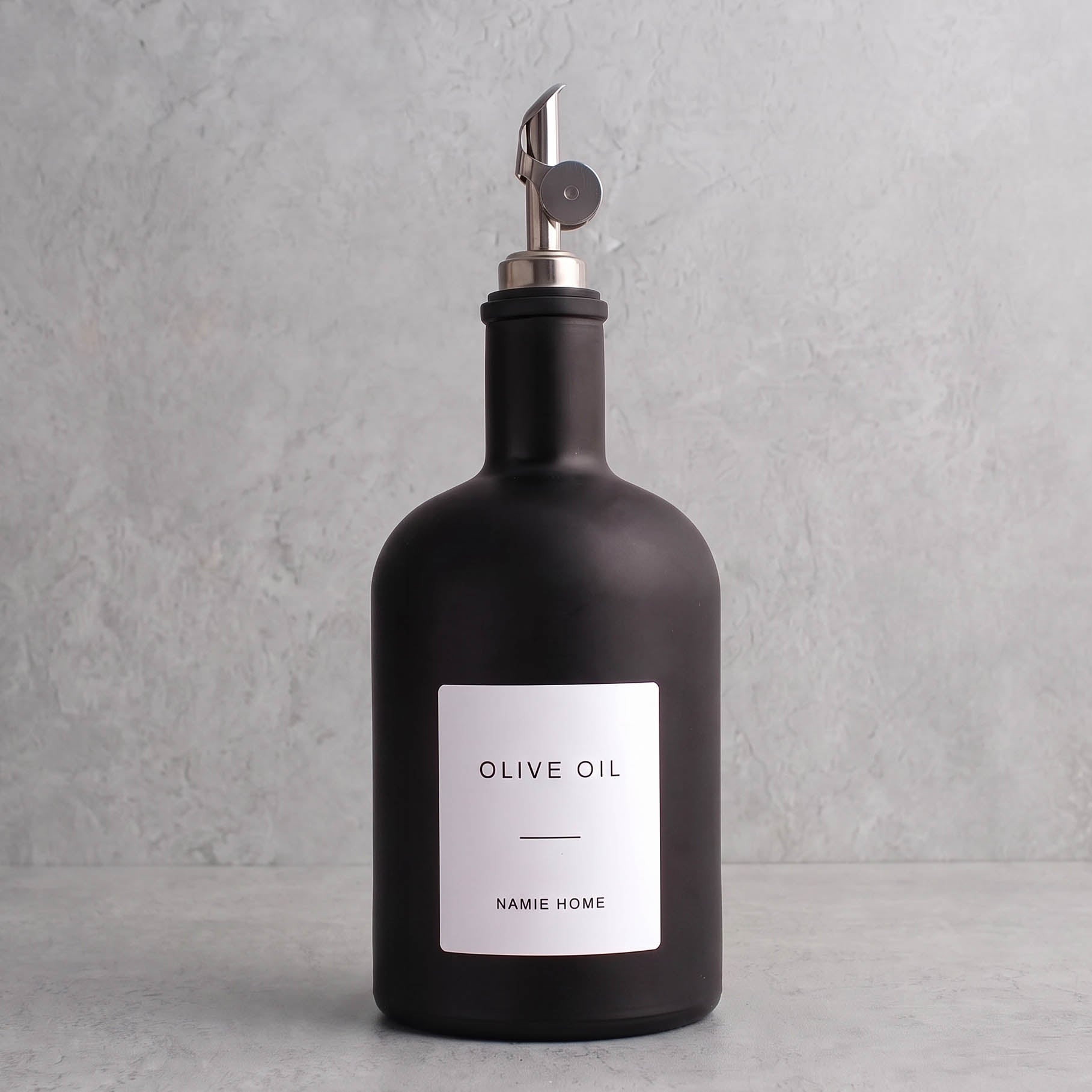 Matte Black Glass Tall Neck Oil Bottle With Label - silver lid