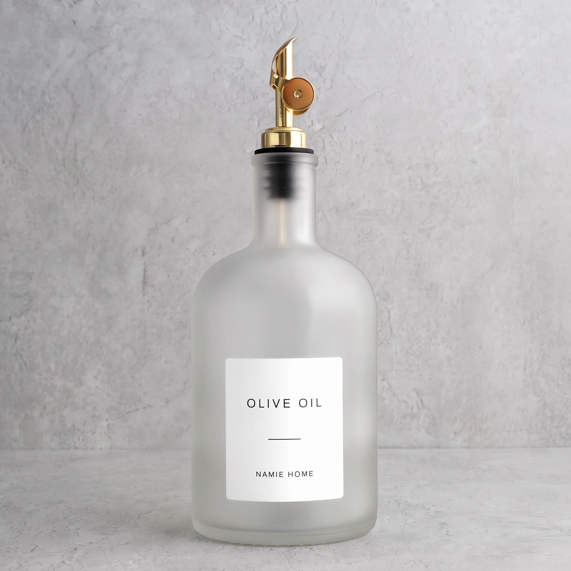 Frosted White Glass Tall Neck Oil Bottle With Label - gold lid