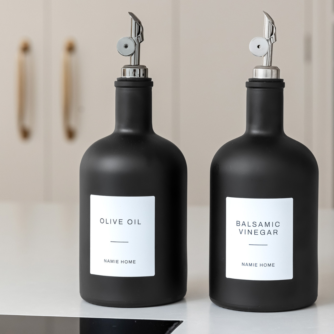 Olive Oil & Balsamic Vinegar Set - Matte Black Glass Tall Neck Bottle - Namie Home
