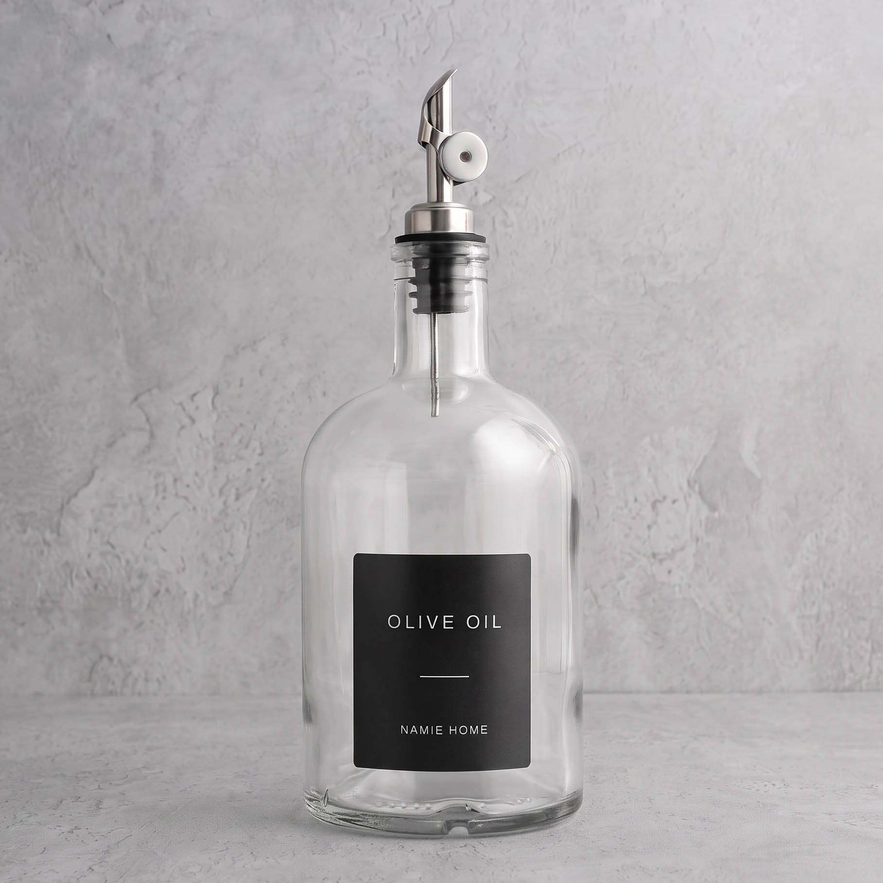Clear Glass Tall Neck Oil Bottle With Label - silver lid