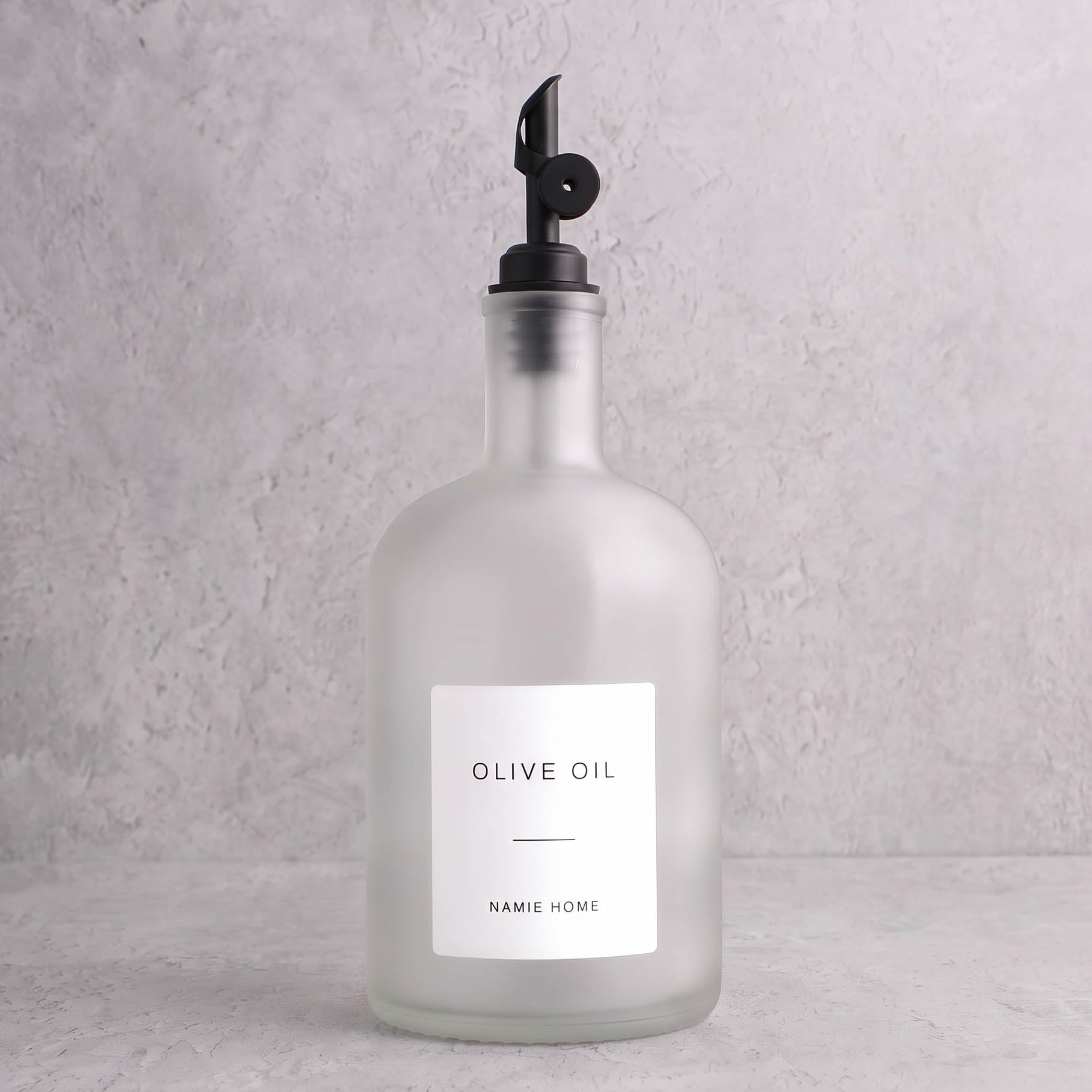 Frosted White Glass Tall Neck Oil Bottle With Label - black lid