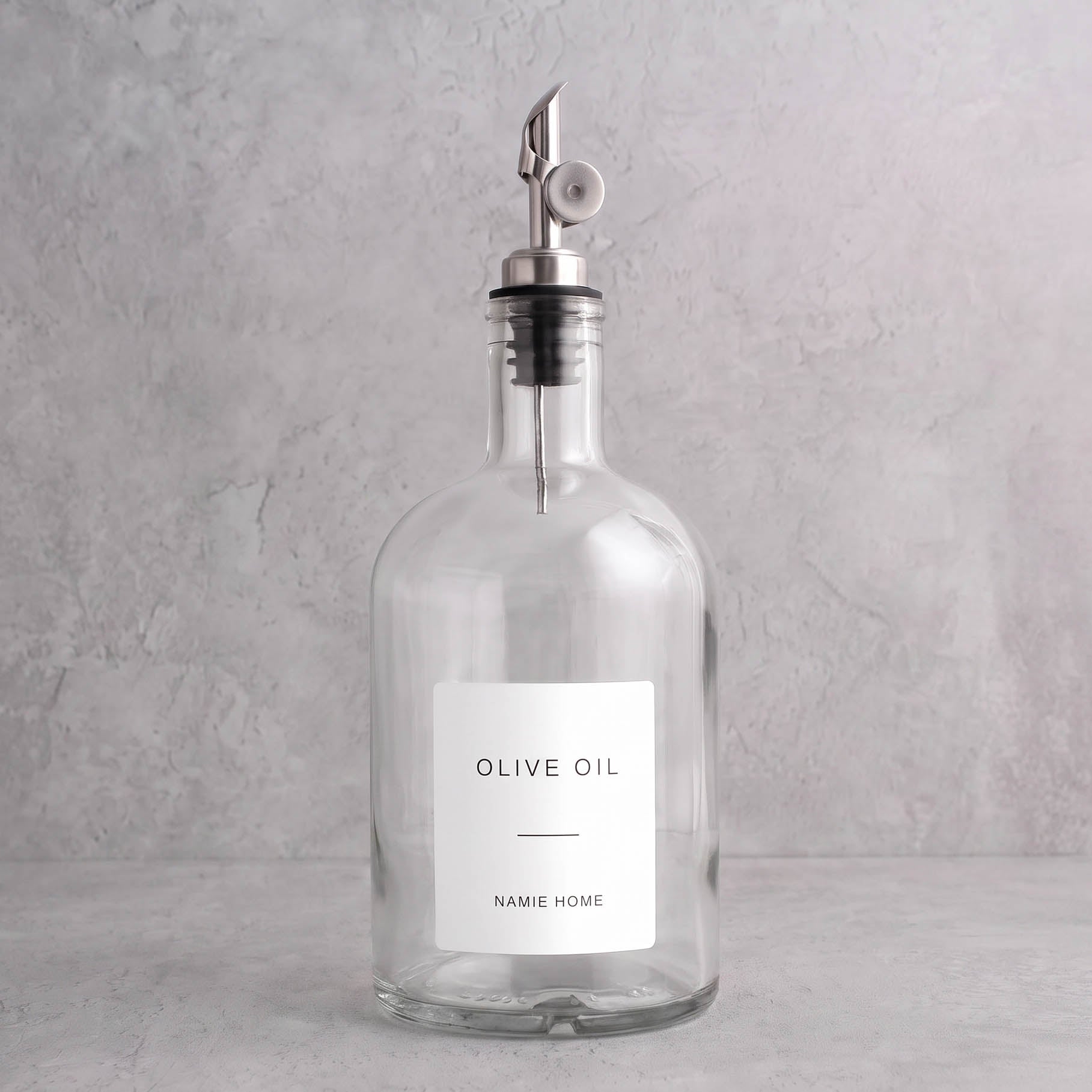 Clear Glass Tall Neck Oil Bottle With Label - silver lid