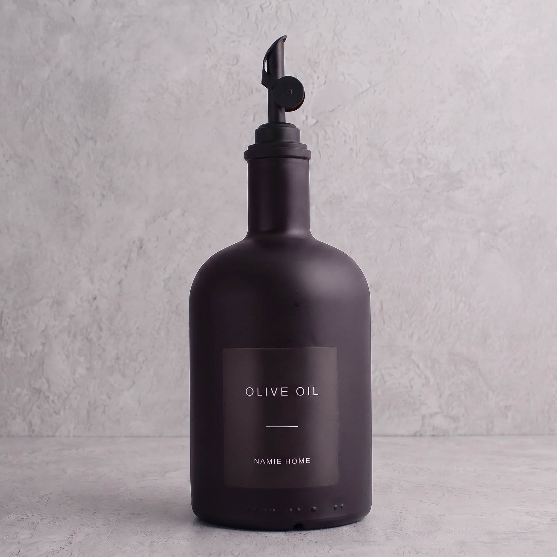 Matte Black Glass Tall Neck Oil Bottle With Label - black lid
