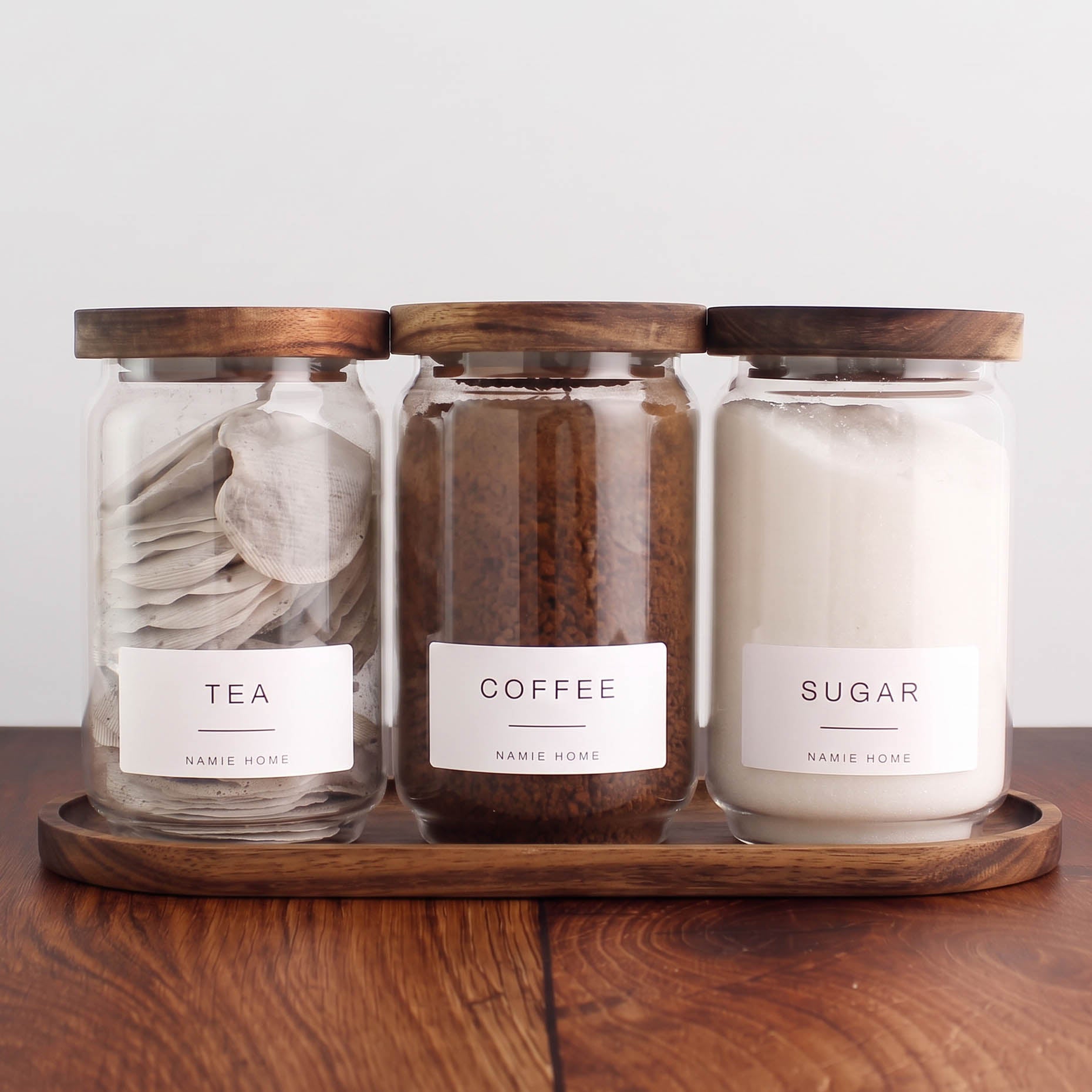Tea Coffee Sugar Storage Jar Set With Acacia Lids & Acacia Tray