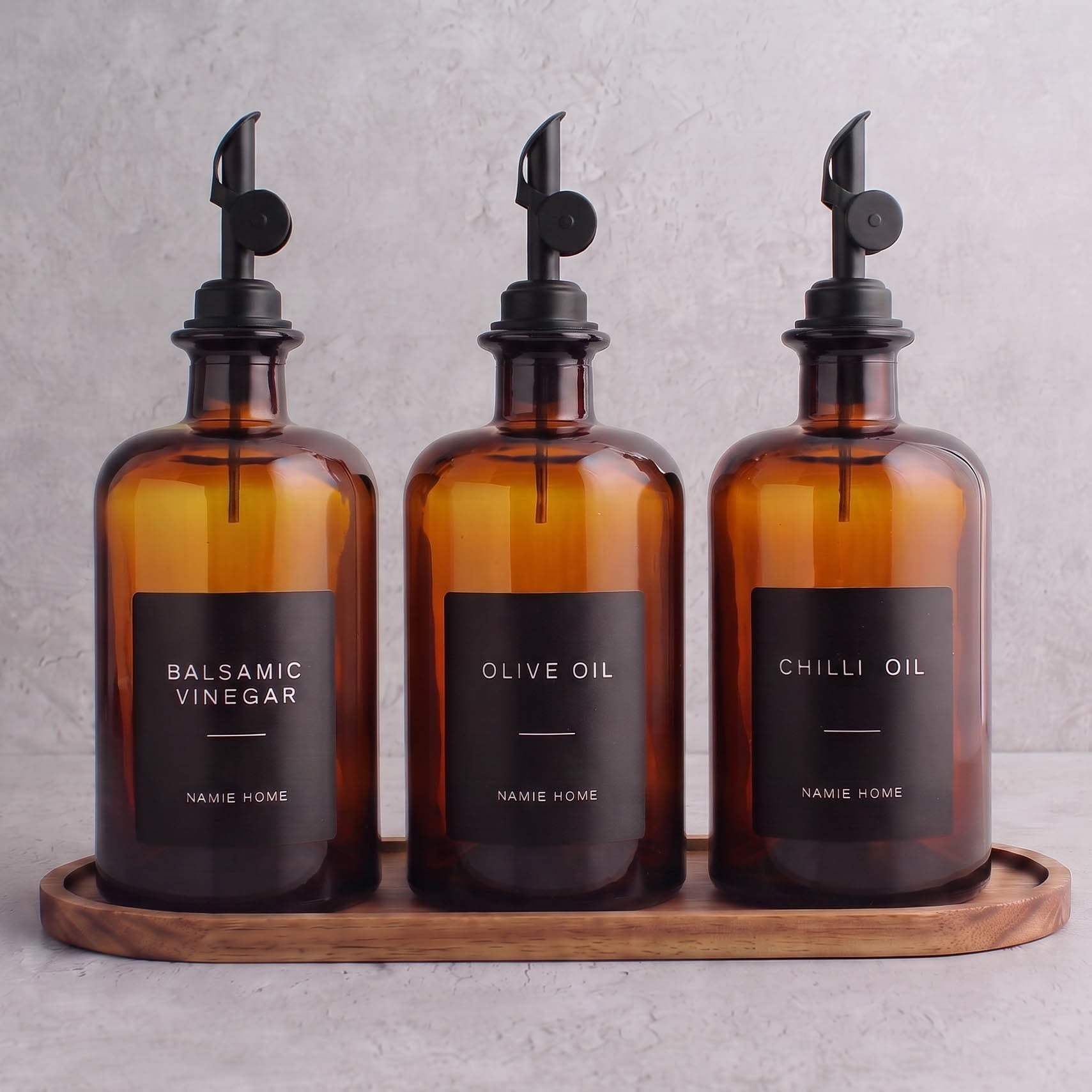 Amber Glass Oil & Vinegar Set of 3 with Acacia Tray