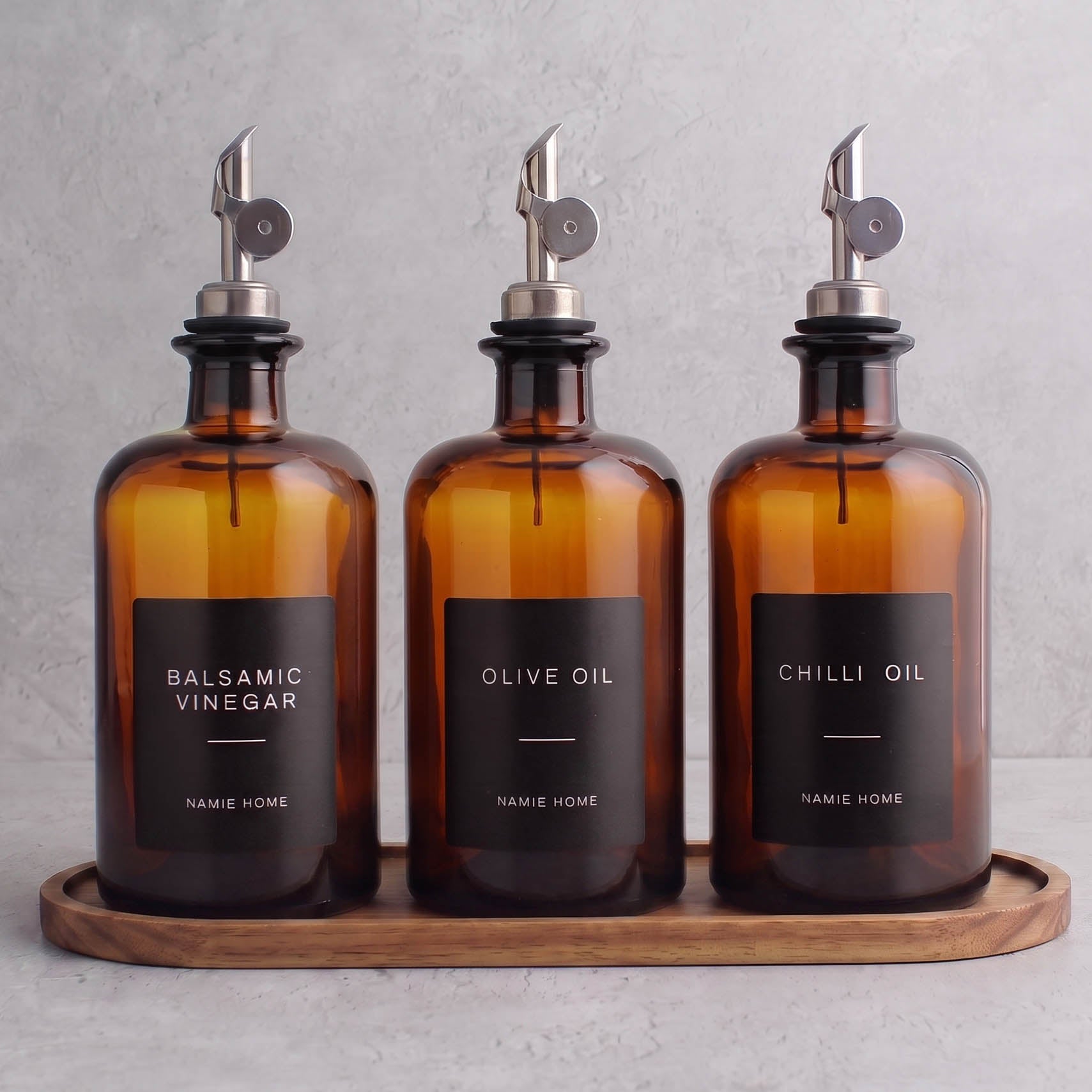 Amber Glass Oil & Vinegar Set of 3 with Acacia Tray