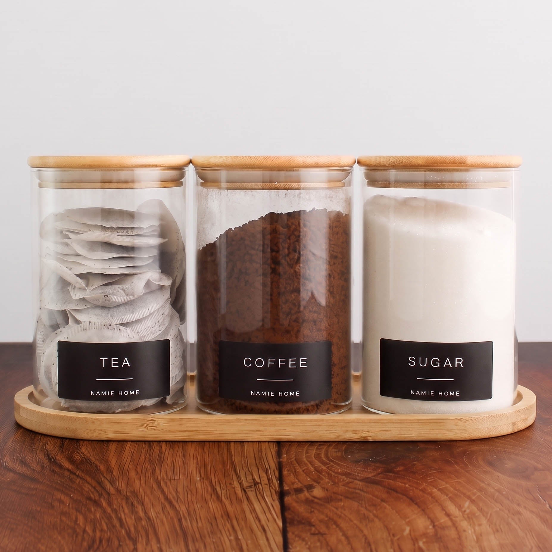 Tea Coffee Sugar Storage Jar Set With Bamboo Lids & Bamboo Tray