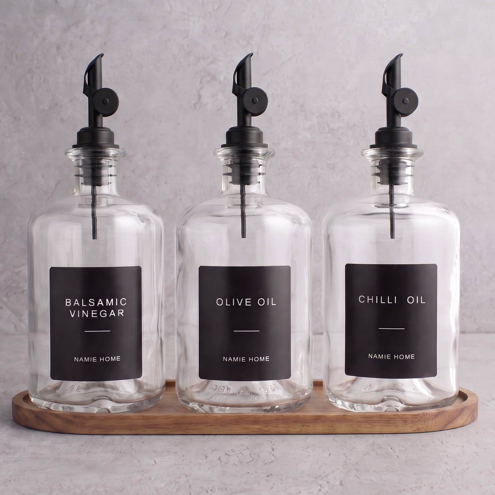 Clear Glass Oil & Vinegar Set of 3 with Acacia Tray