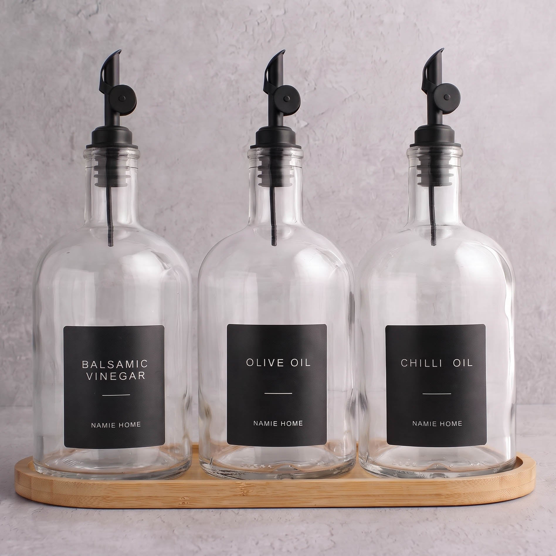 Clear Glass Tall Neck Oil & Vinegar Set of 3 with Bamboo Tray