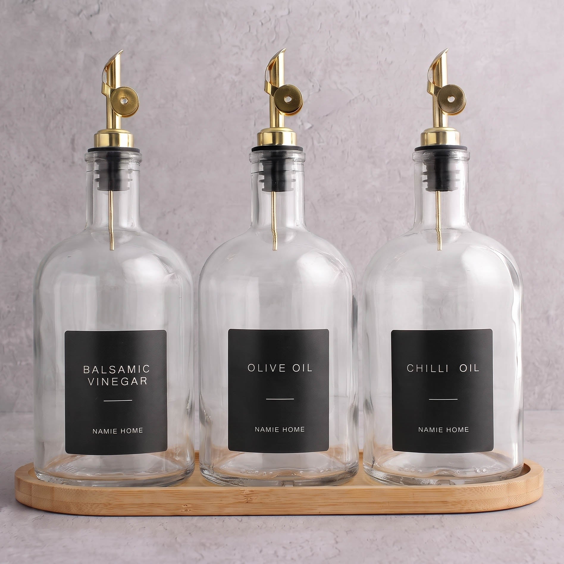 Clear Glass Tall Neck Oil & Vinegar Set of 3 with Bamboo Tray