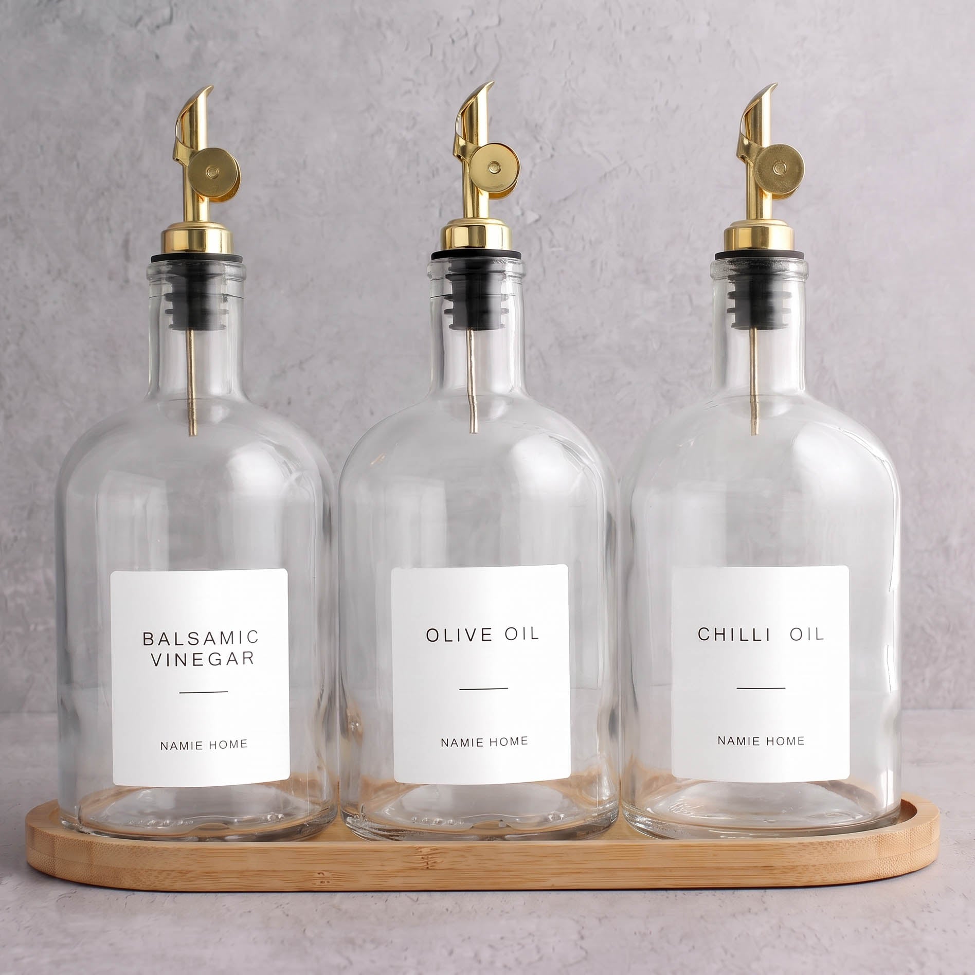 Clear Glass Tall Neck Oil & Vinegar Set of 3 with Bamboo Tray