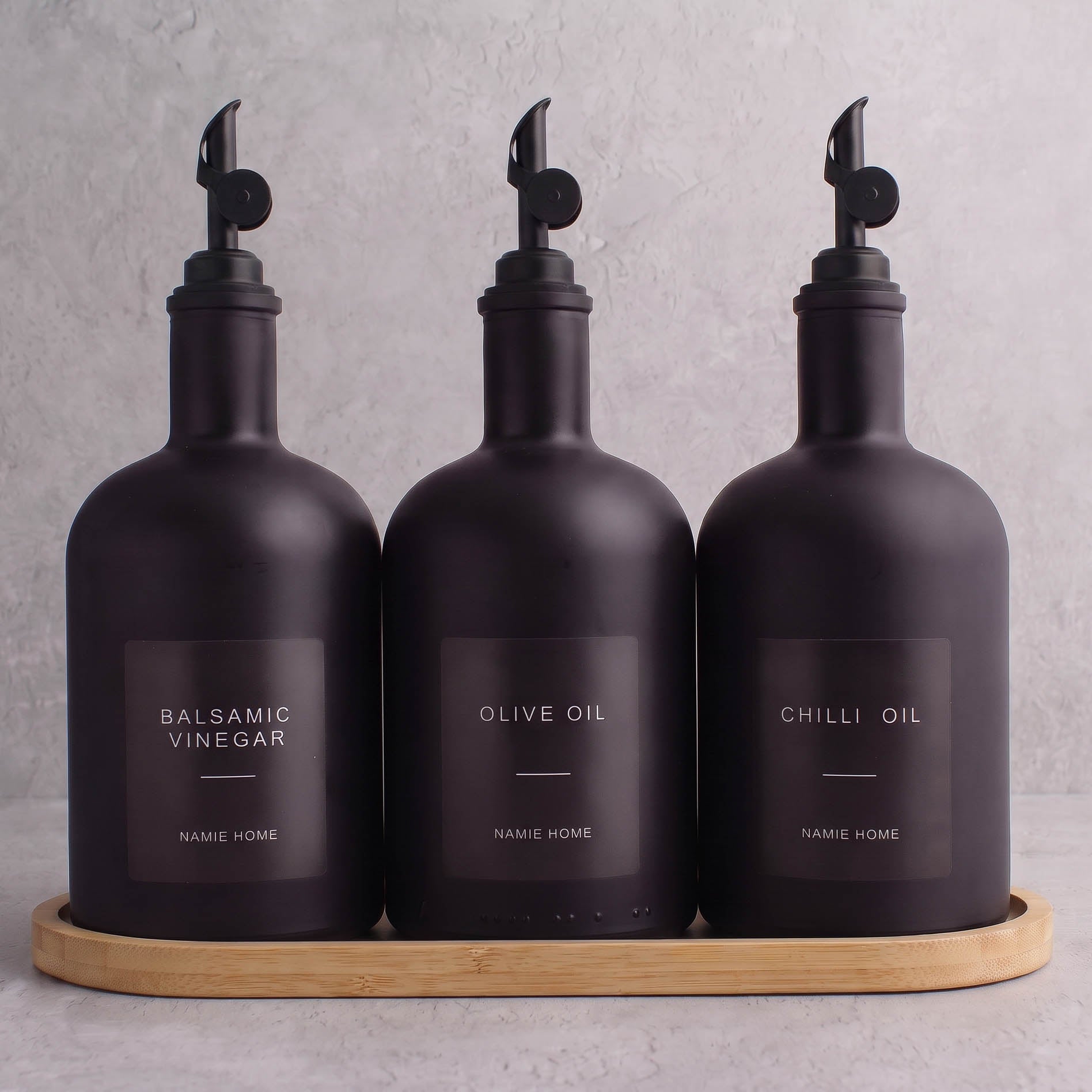 Matte Black Glass Tall Neck Oil & Vinegar Set of 3 with Bamboo Tray