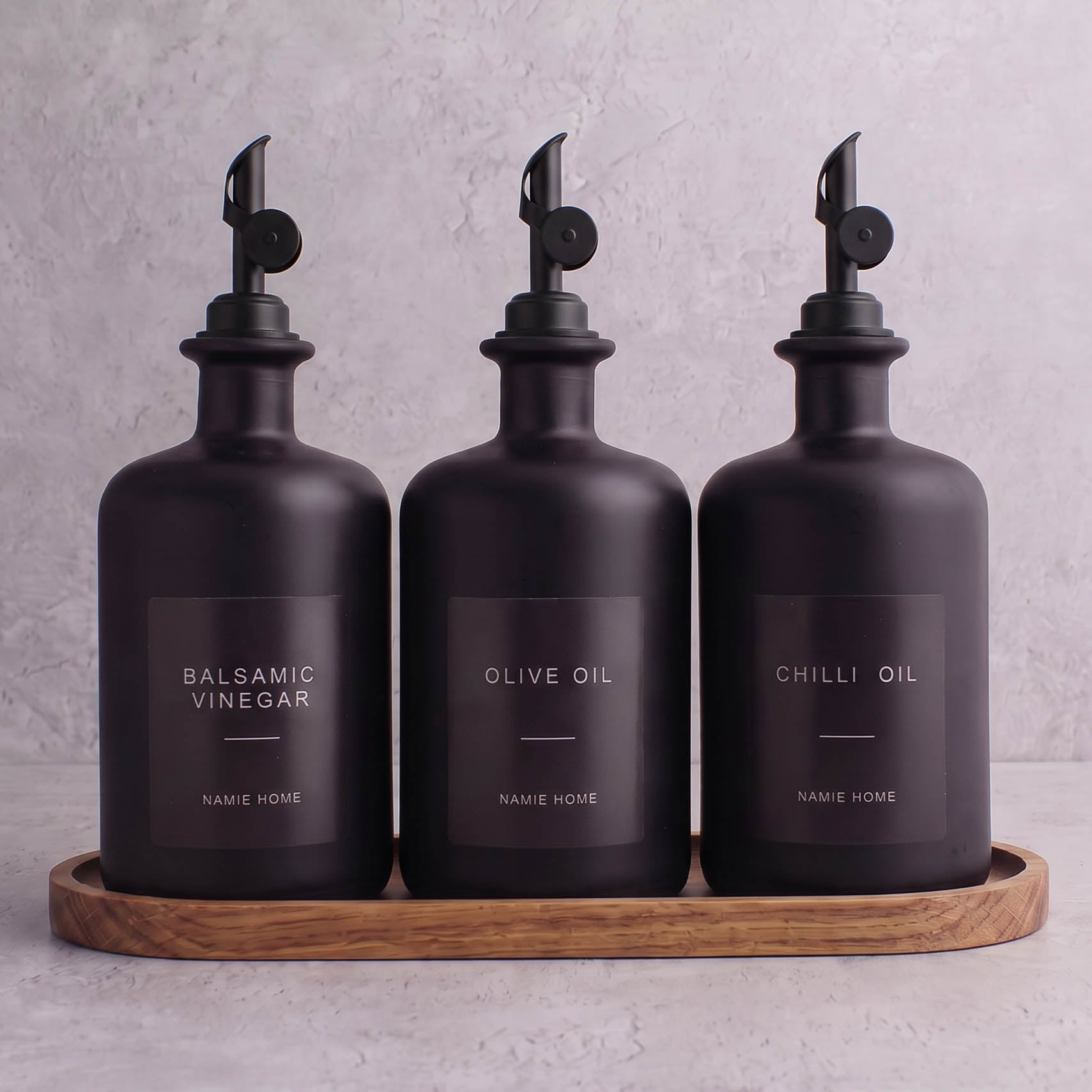 Matte Black Glass Oil & Vinegar Set of 3 with Acacia Tray