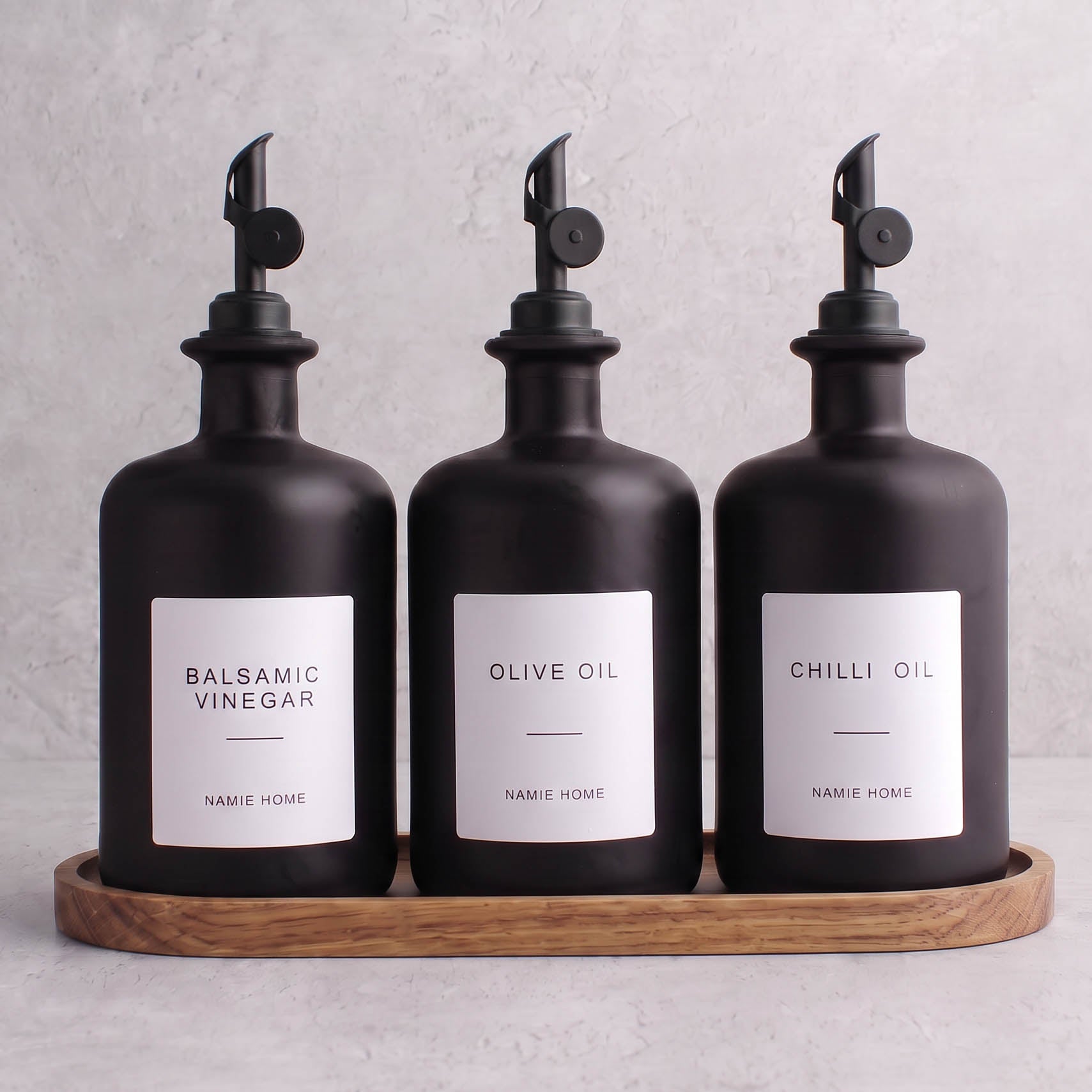 Matte Black Glass Oil & Vinegar Set of 3 with Acacia Tray