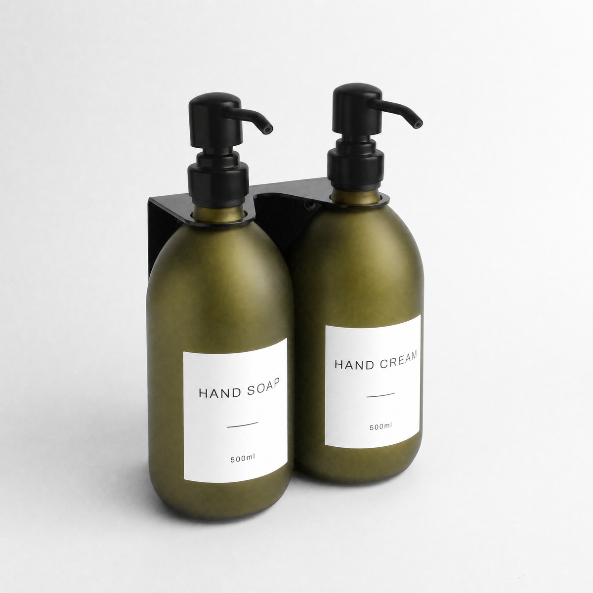 Hand Soap & Hand Cream Frosted Green Glass Set, Black wall bracket