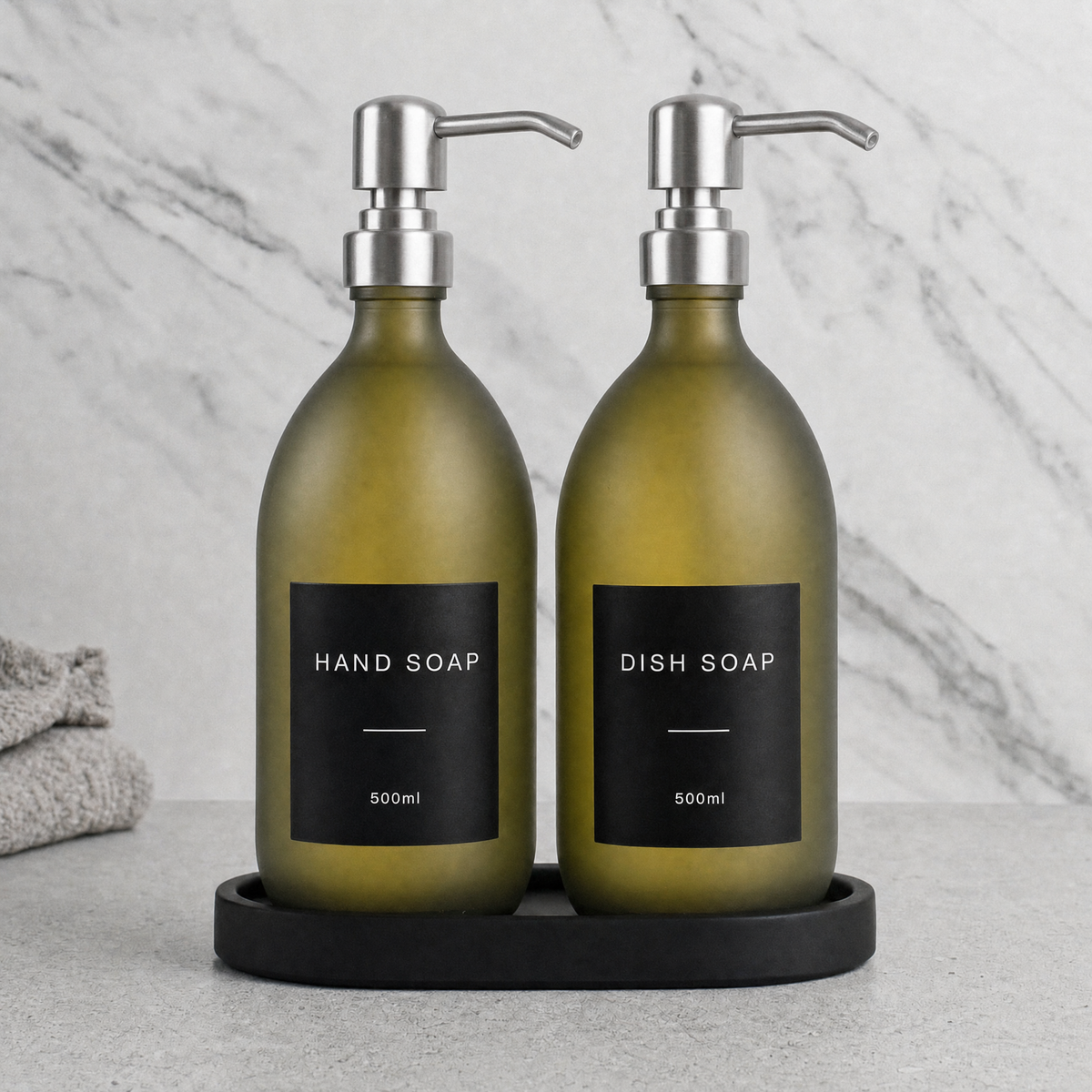 Black Tray & Frosted Green Glass Hand Soap & Dish Soap Set on a black stone tray, silver pumps