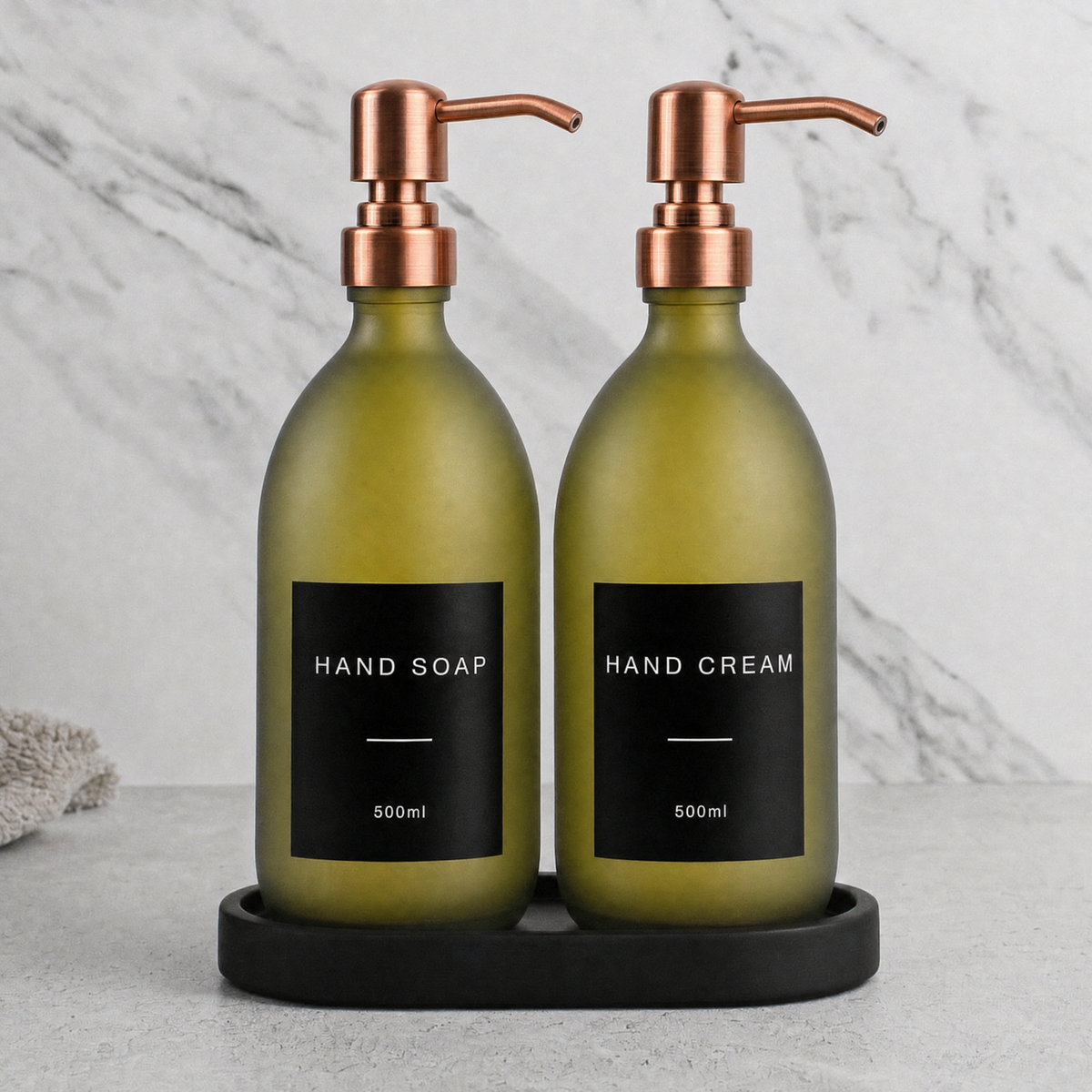 Black Tray & Frosted Green Glass Hand Soap & Hand Cream Set on a black stone tray, rose gold pumps