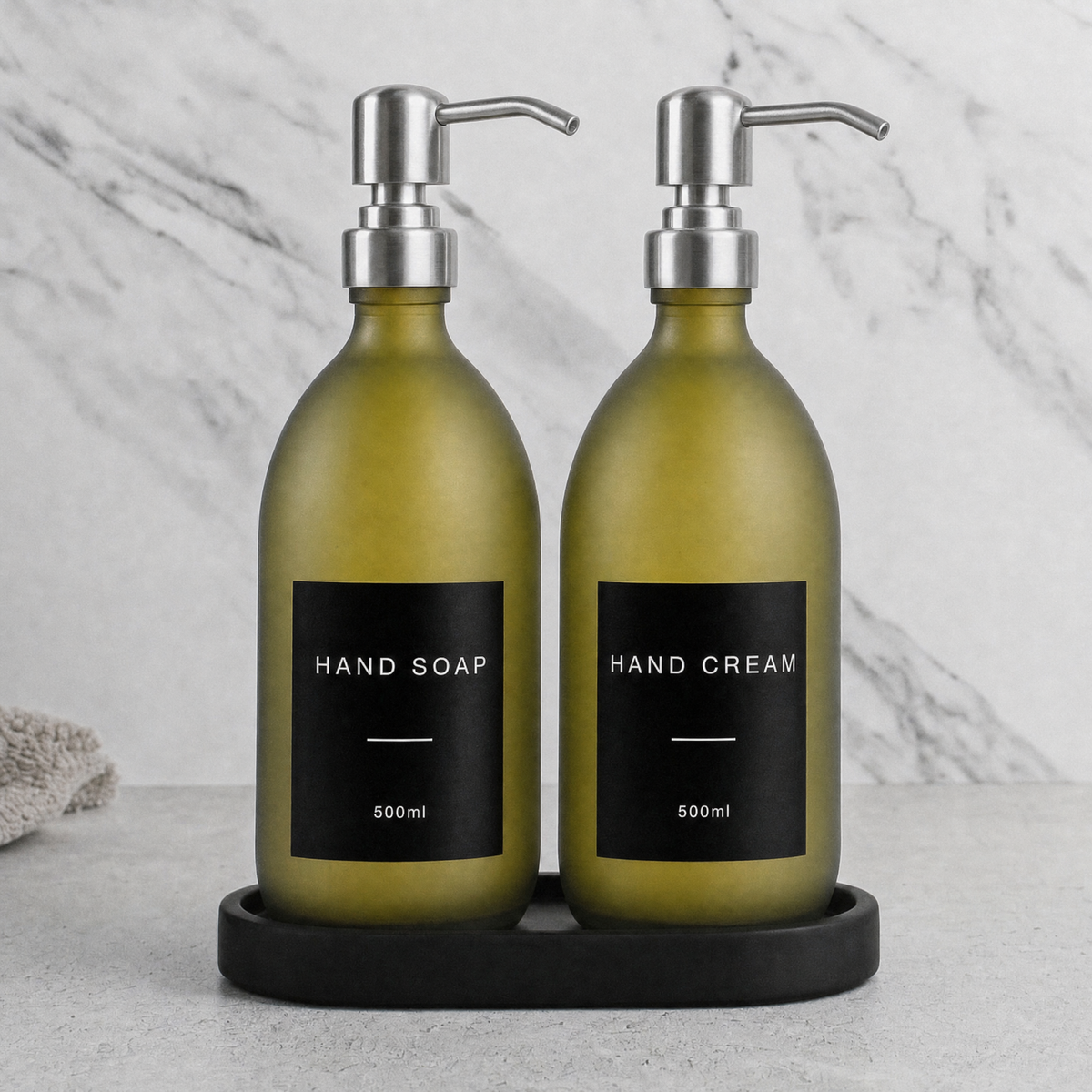 Black Tray & Frosted Green Glass Hand Soap & Hand Cream Set on a black stone tray, silver pumps