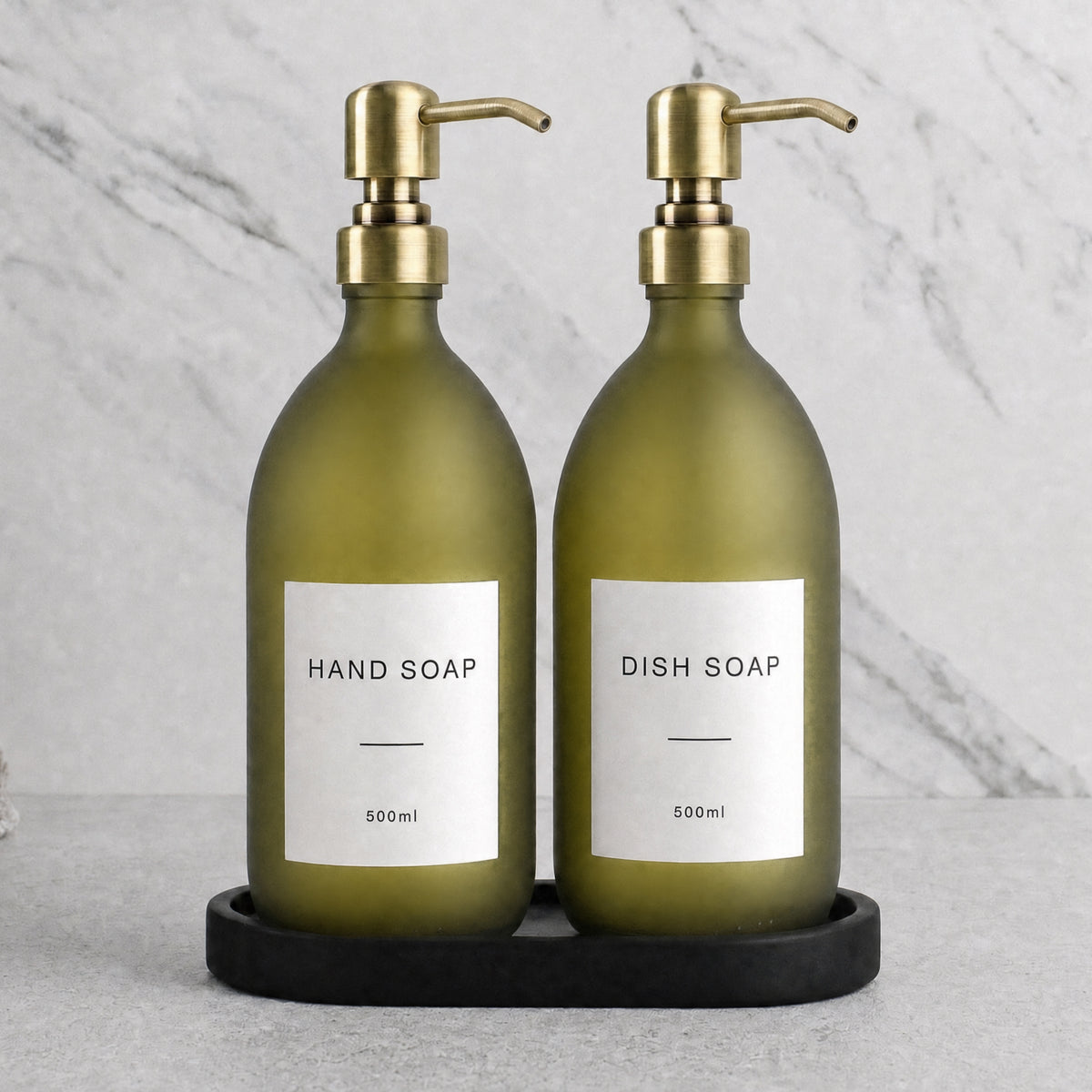 Black Tray & Frosted Green Glass Hand Soap & Dish Soap Set on a black stone tray, gold pumps