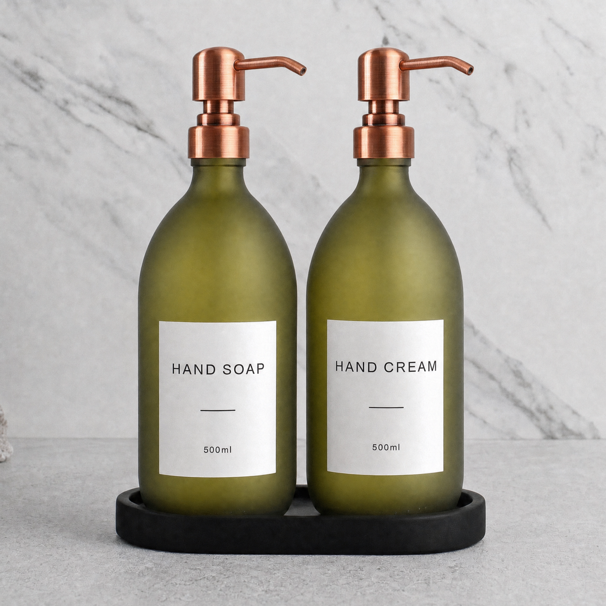 Black Tray & Frosted Green Glass Hand Soap & Hand Cream Set on a black stone tray, rose gold pumps