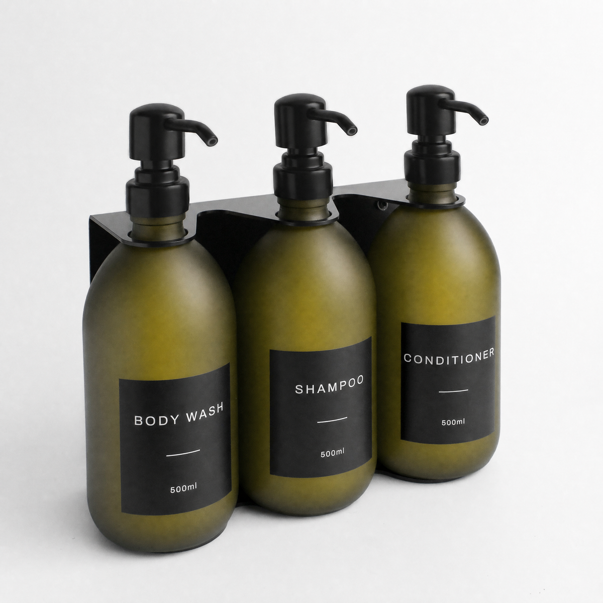 Body Wash, Shampoo & Conditioner Frosted Green Glass Set, Black wall bracket