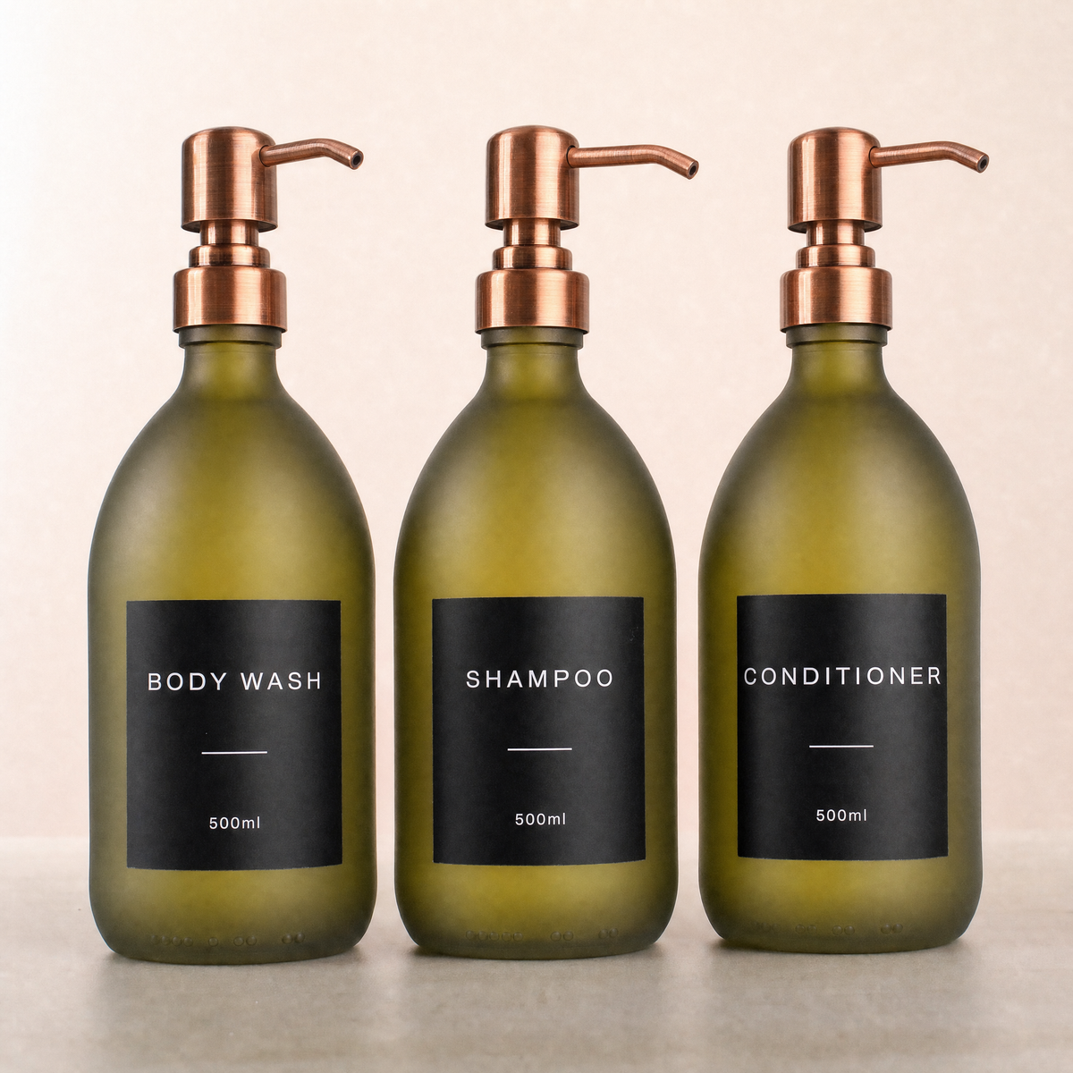 Body Wash, Shampoo & Conditioner Frosted Green Glass Set, rose gold pumps