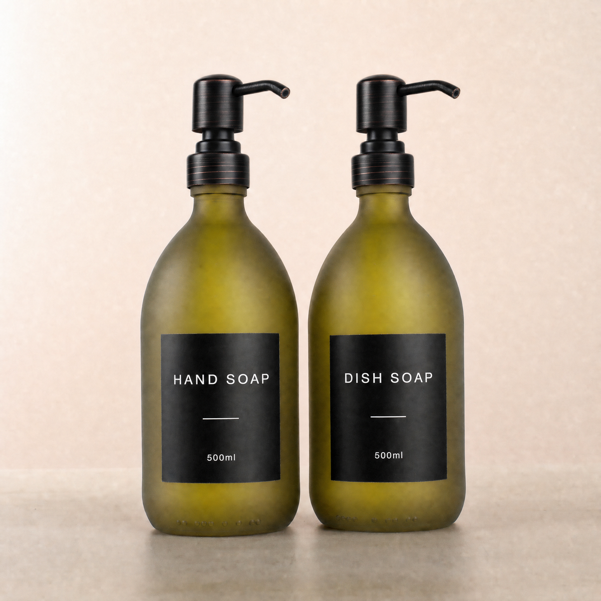 Hand Soap & Dish Soap Frosted Green Glass Set, black and copper pumps