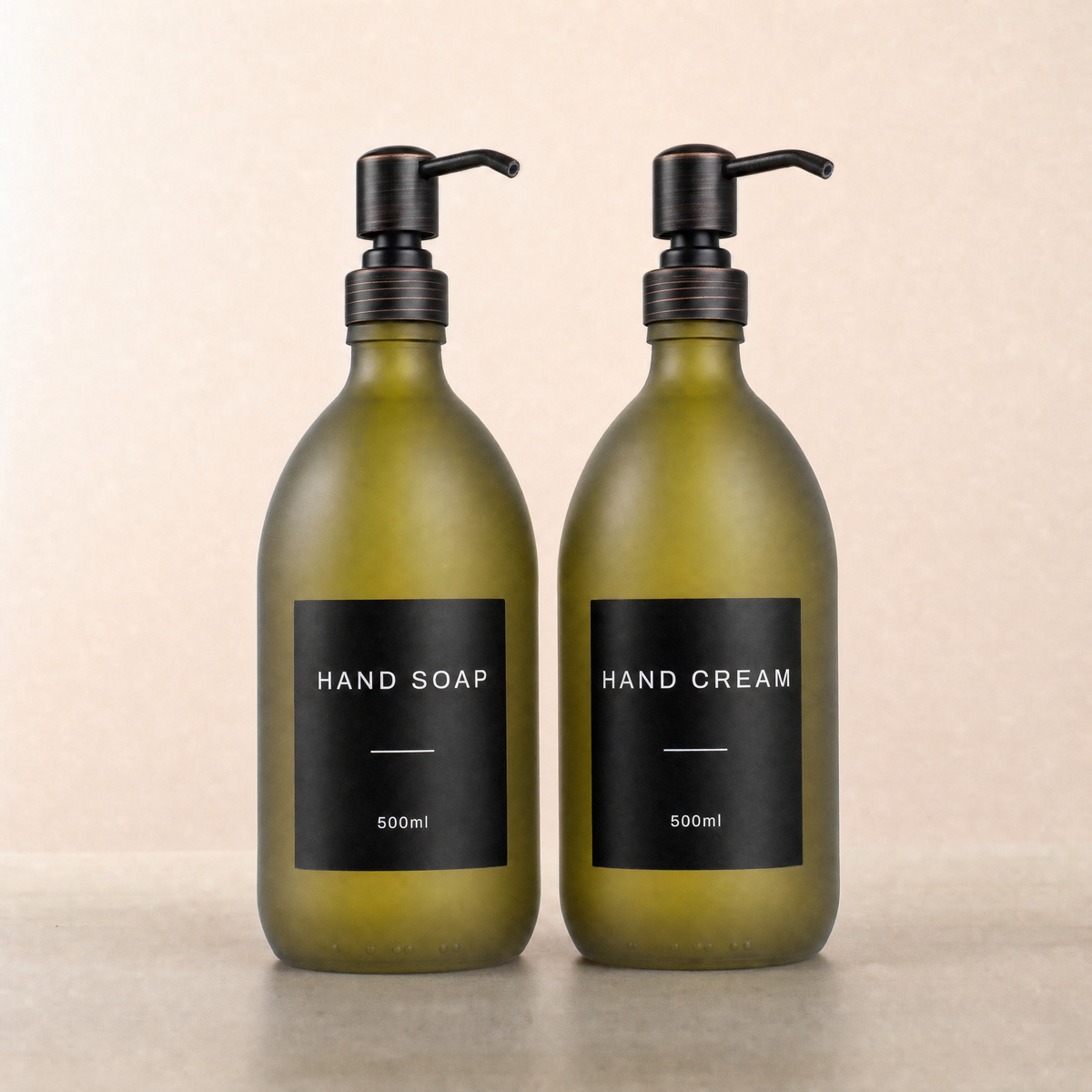 Hand Soap & Hand Cream Frosted Green Glass Set, black and copper pumps