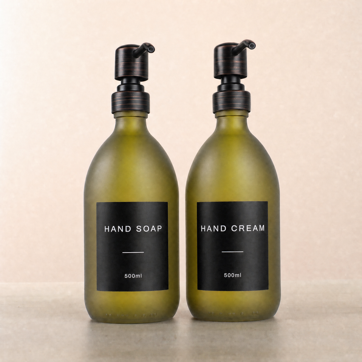Hand Soap & Hand Cream Frosted Green Glass Set, black and copper pumps