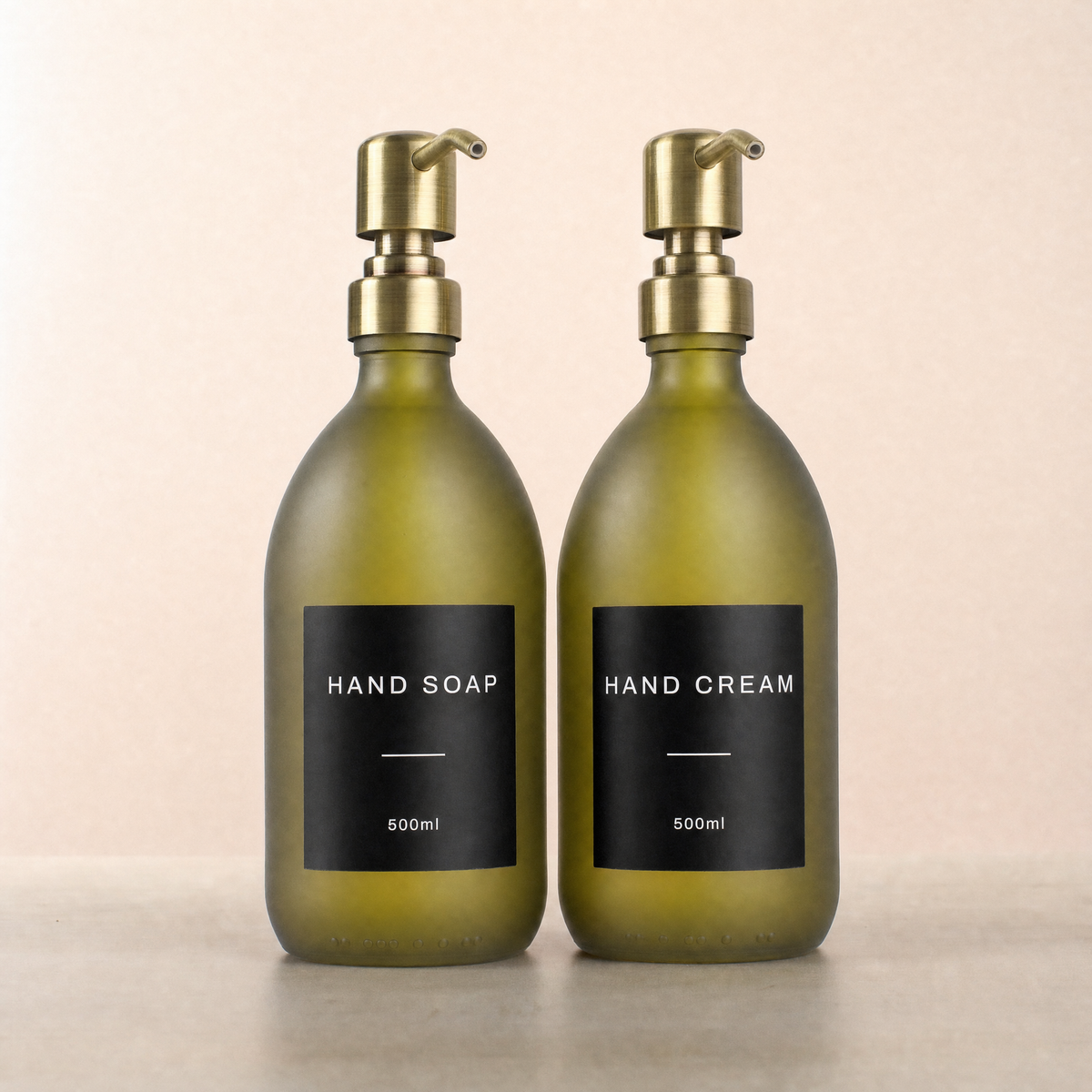 Hand Soap & Hand Cream Frosted Green Glass Set, gold pumps