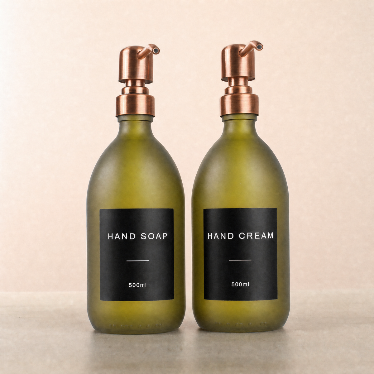 Hand Soap & Hand Cream Frosted Green Glass Set, rose gold pumps