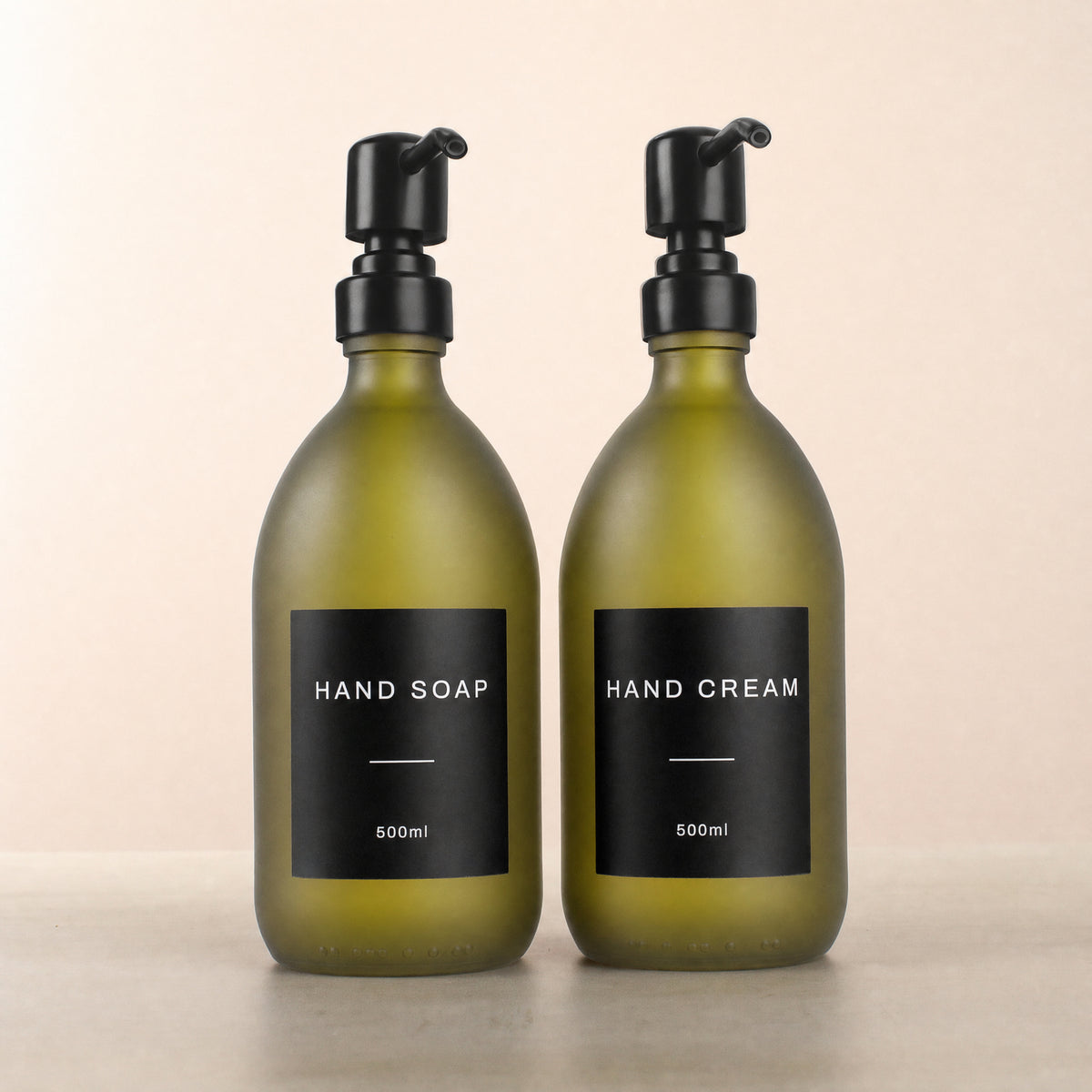 Hand Soap & Hand Cream Frosted Green Glass Set, matte black pumps