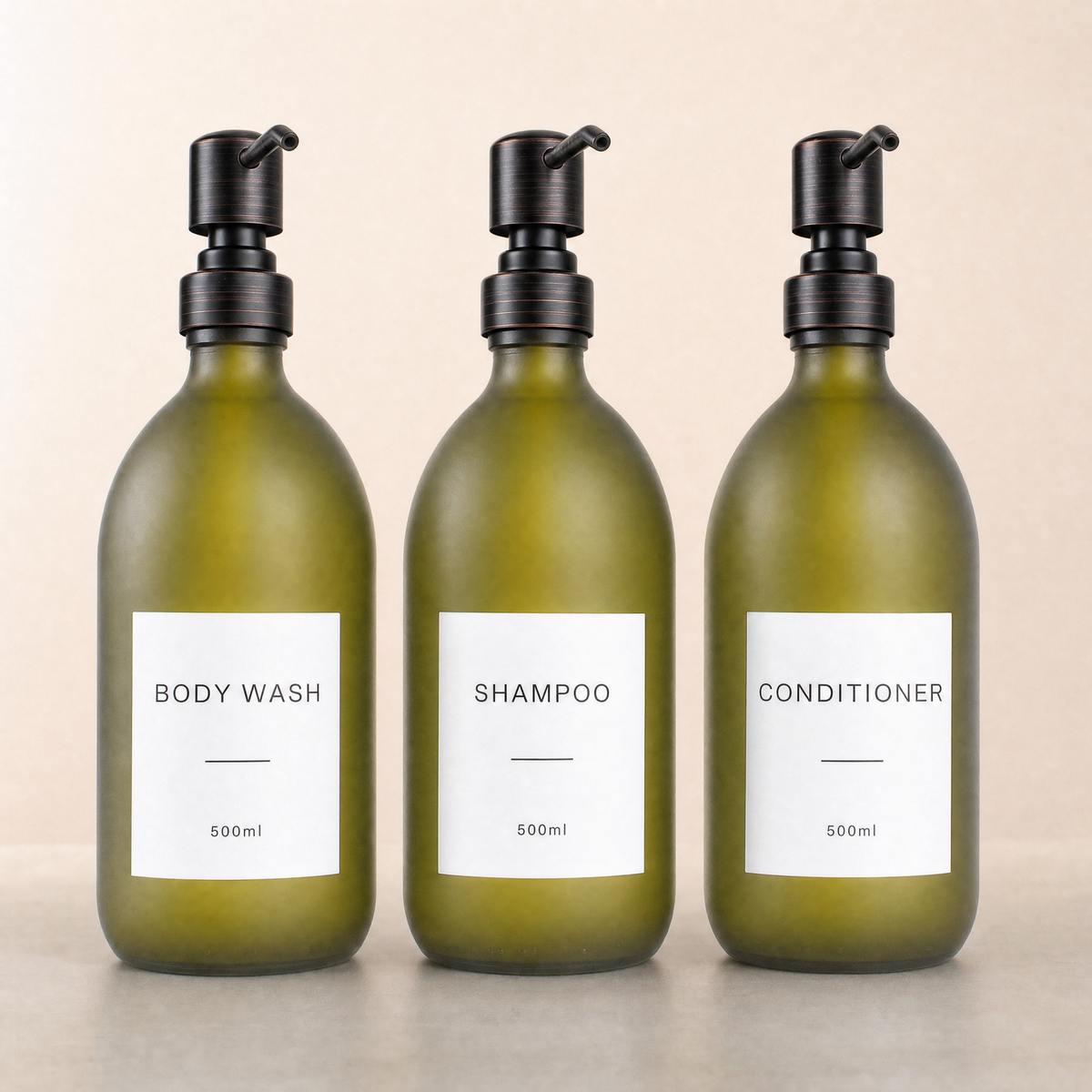 Body Wash, Shampoo & Conditioner Frosted Green Glass Set, black and copper pumps
