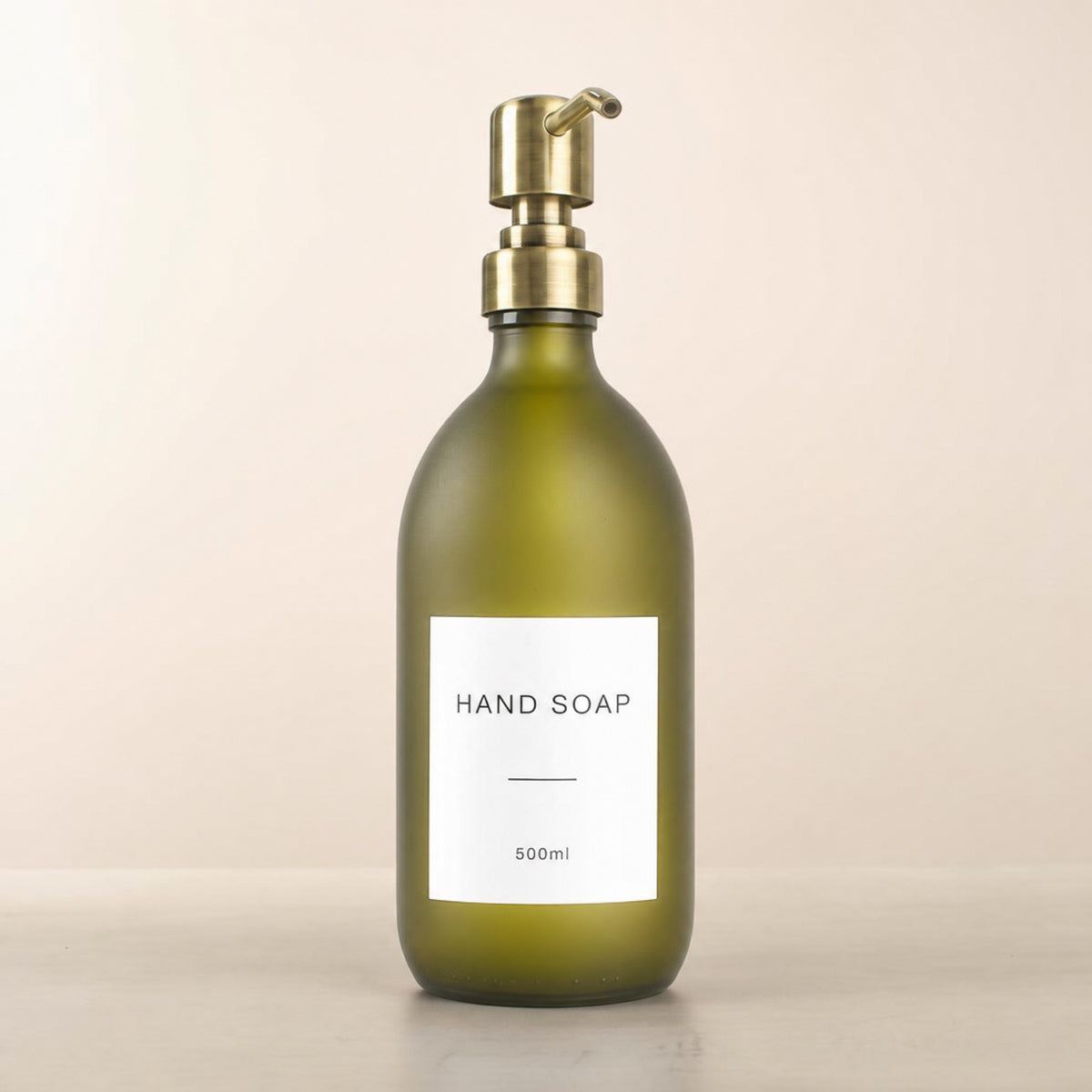 Labelled Frosted Green Glass Dispenser, gold pump