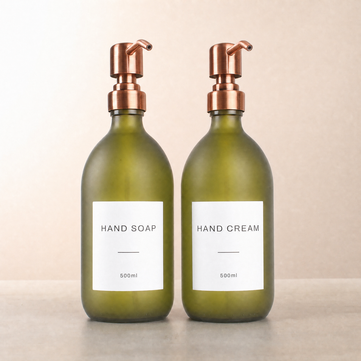Hand Soap & Hand Cream Frosted Green Glass Set, rose gold pumps