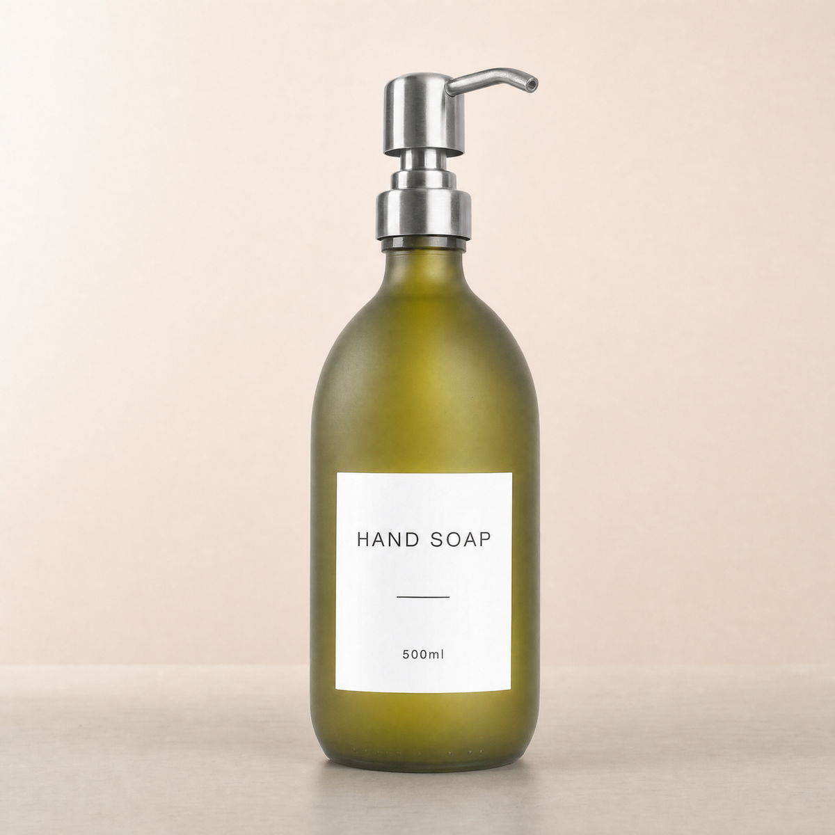Labelled Frosted Green Glass Dispenser, silver pump