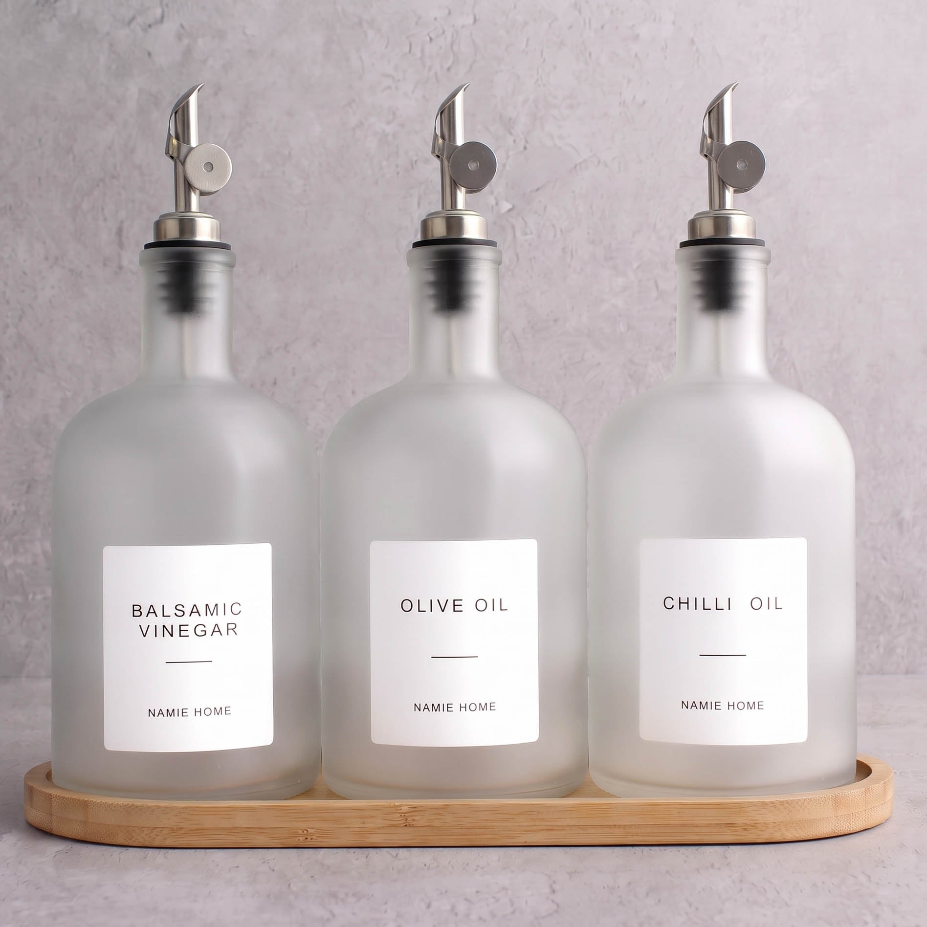 Frosted White Glass Tall Neck Oil & Vinegar Set of 3 with Bamboo Tray
