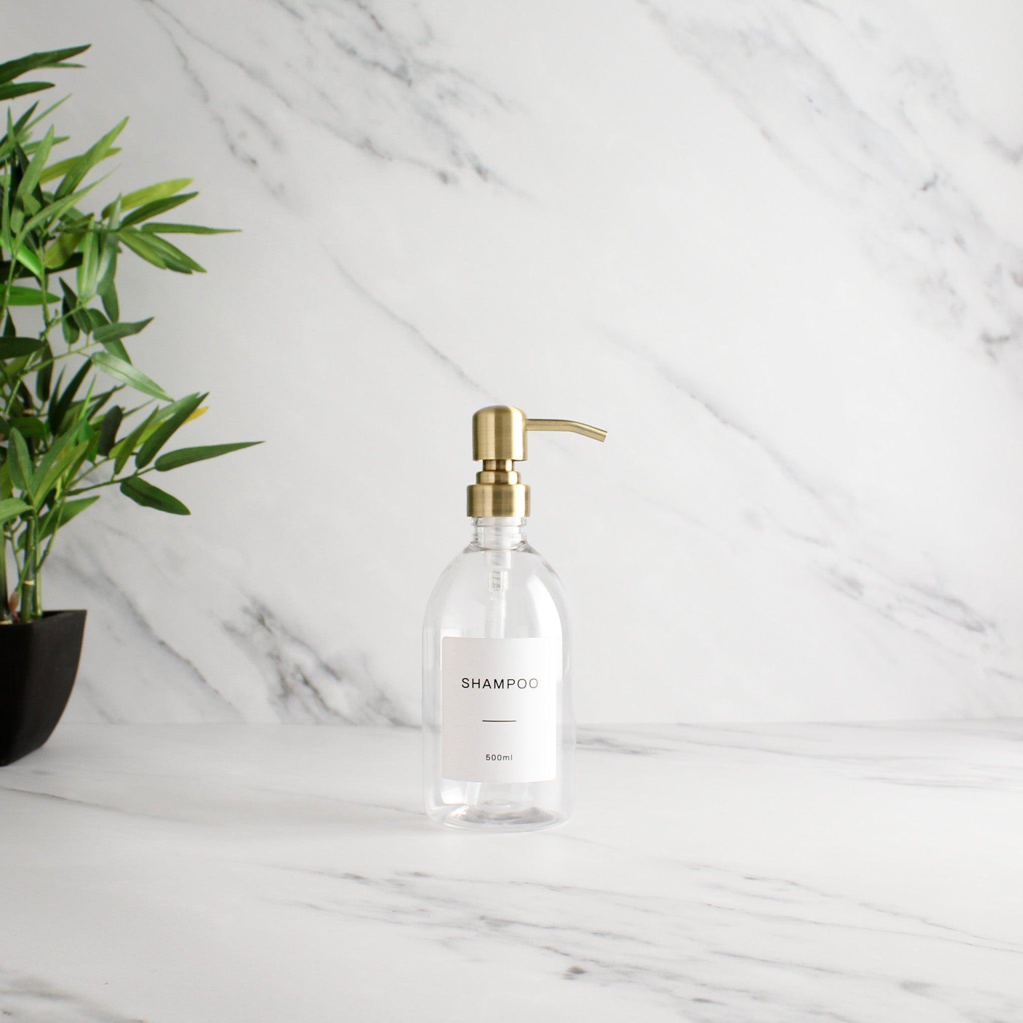 Labelled Clear Plastic Dispenser Bottle With Gold Pump - Namie Home