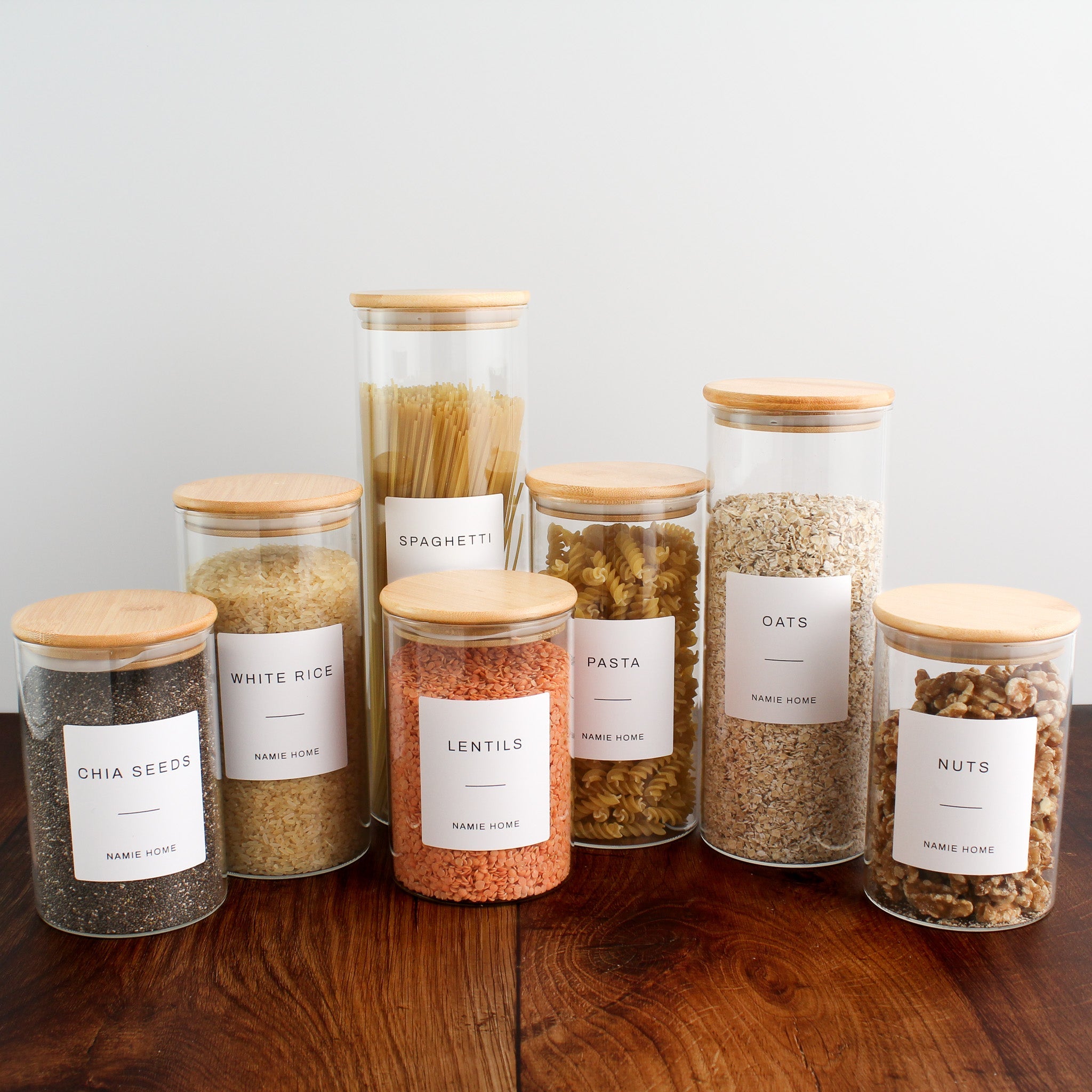 Pantry Storage Jar Set With Bamboo Lids - White Labels