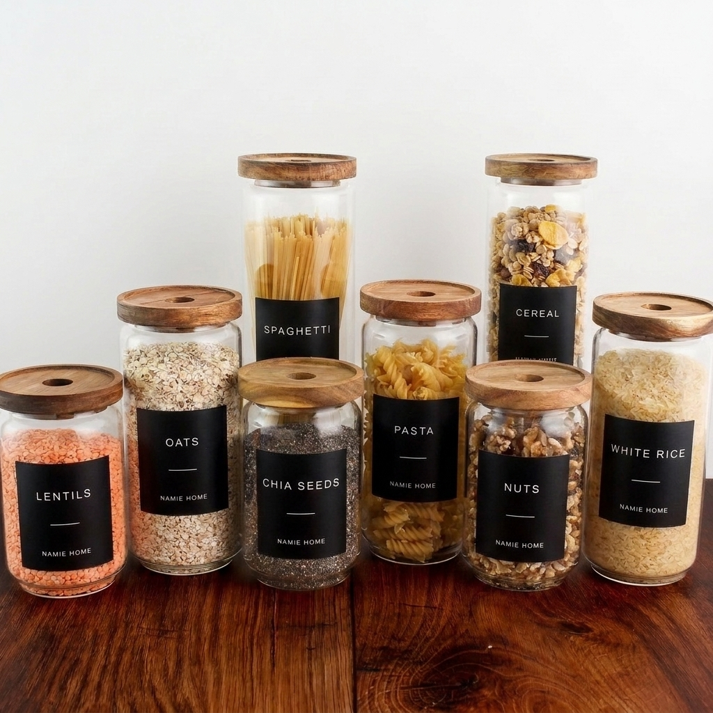 Pantry Storage Jar Set - Acacia Lids - Black Labels - Set of 8