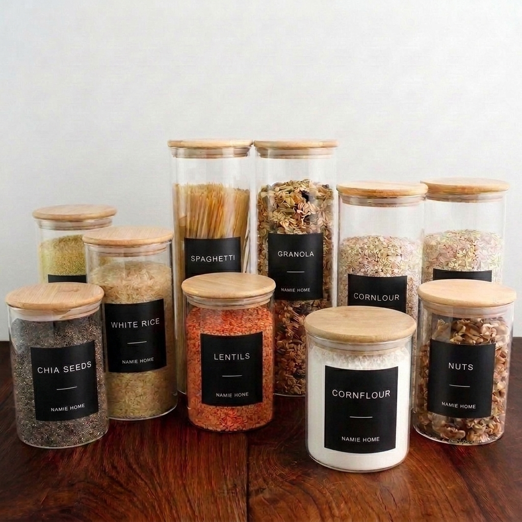 Pantry Storage Jar Set - Bamboo Lids - Black Labels - Set of 12