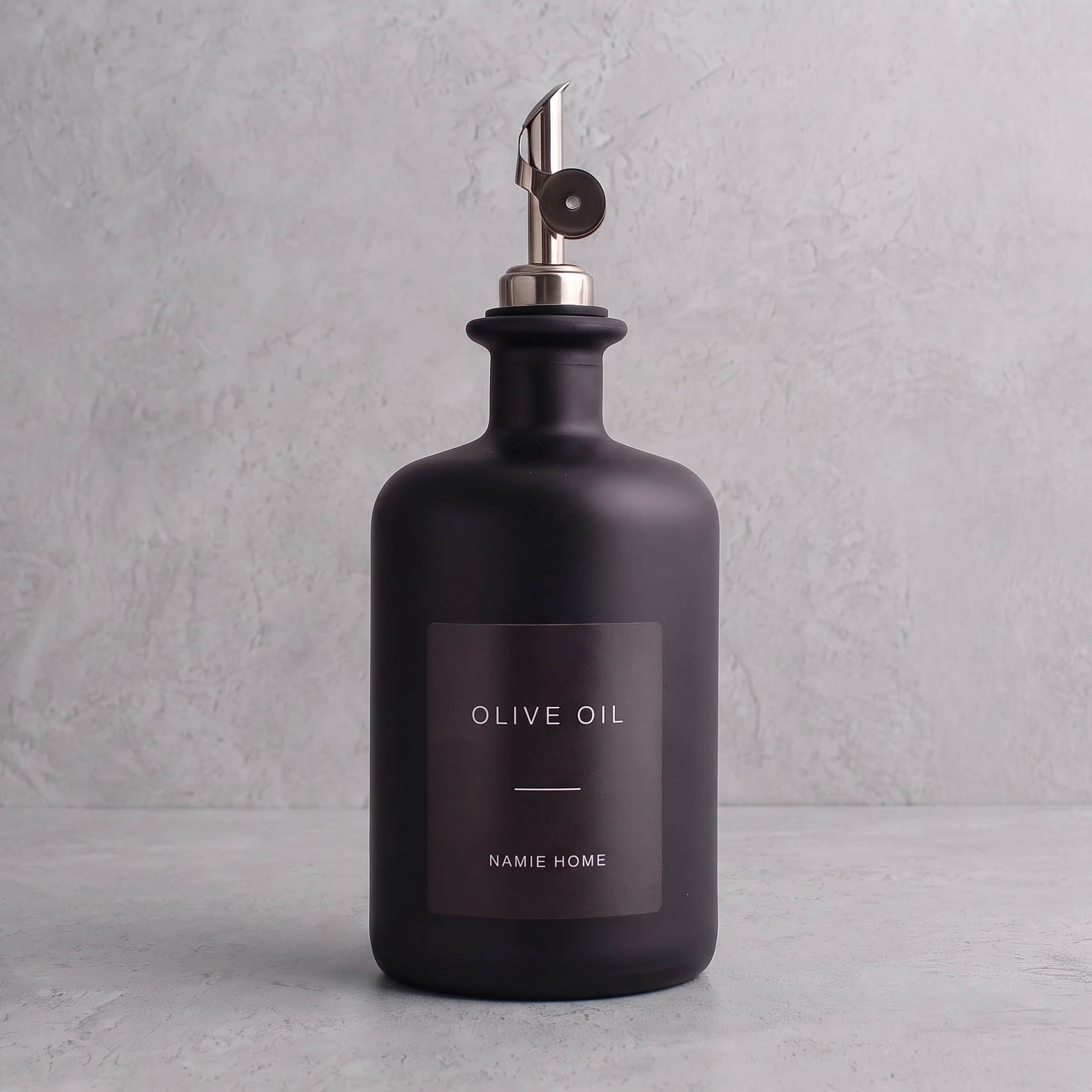 Matte Black Glass Oil Bottle With Label - silver lid