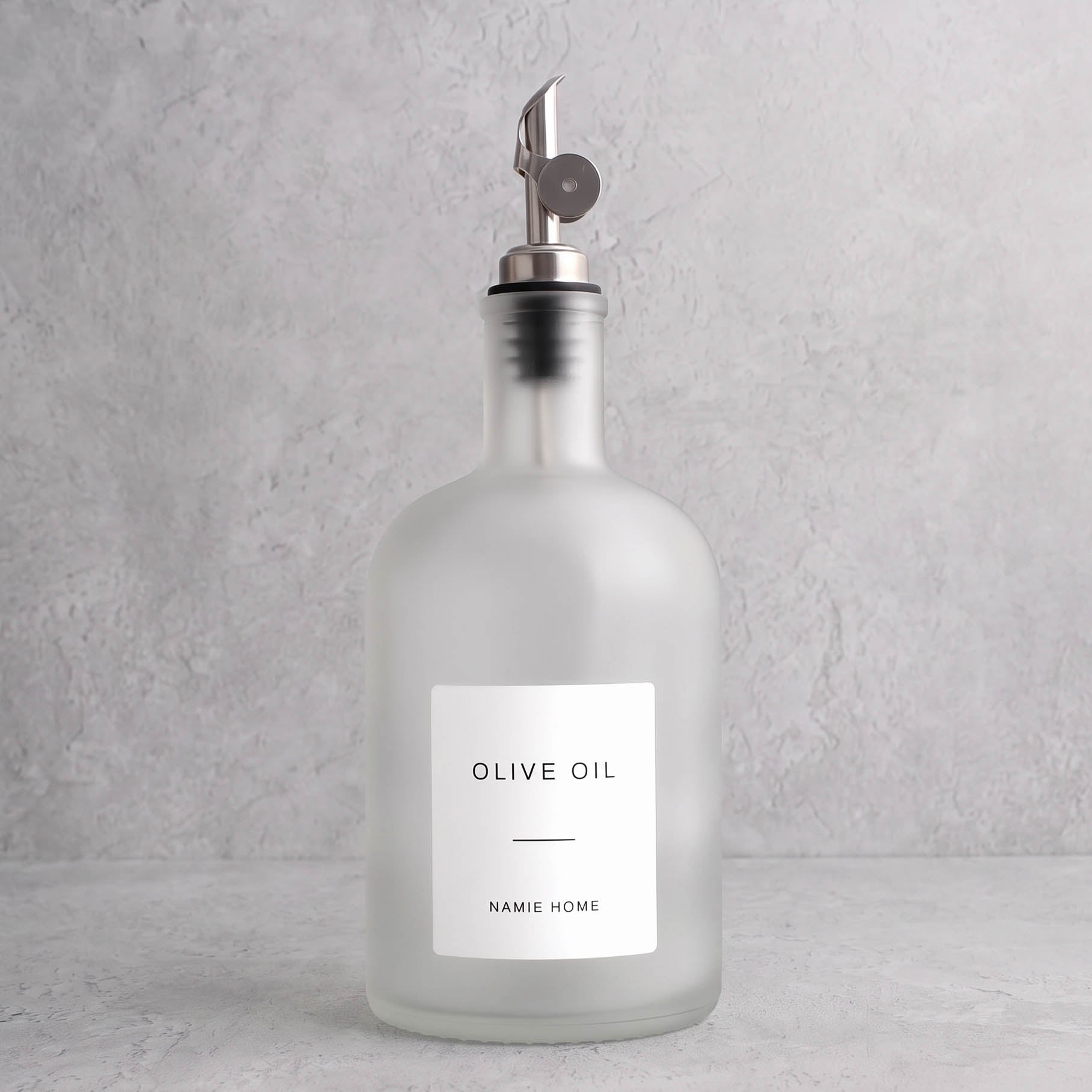 Frosted White Glass Tall Neck Oil Bottle With Label - silver lid