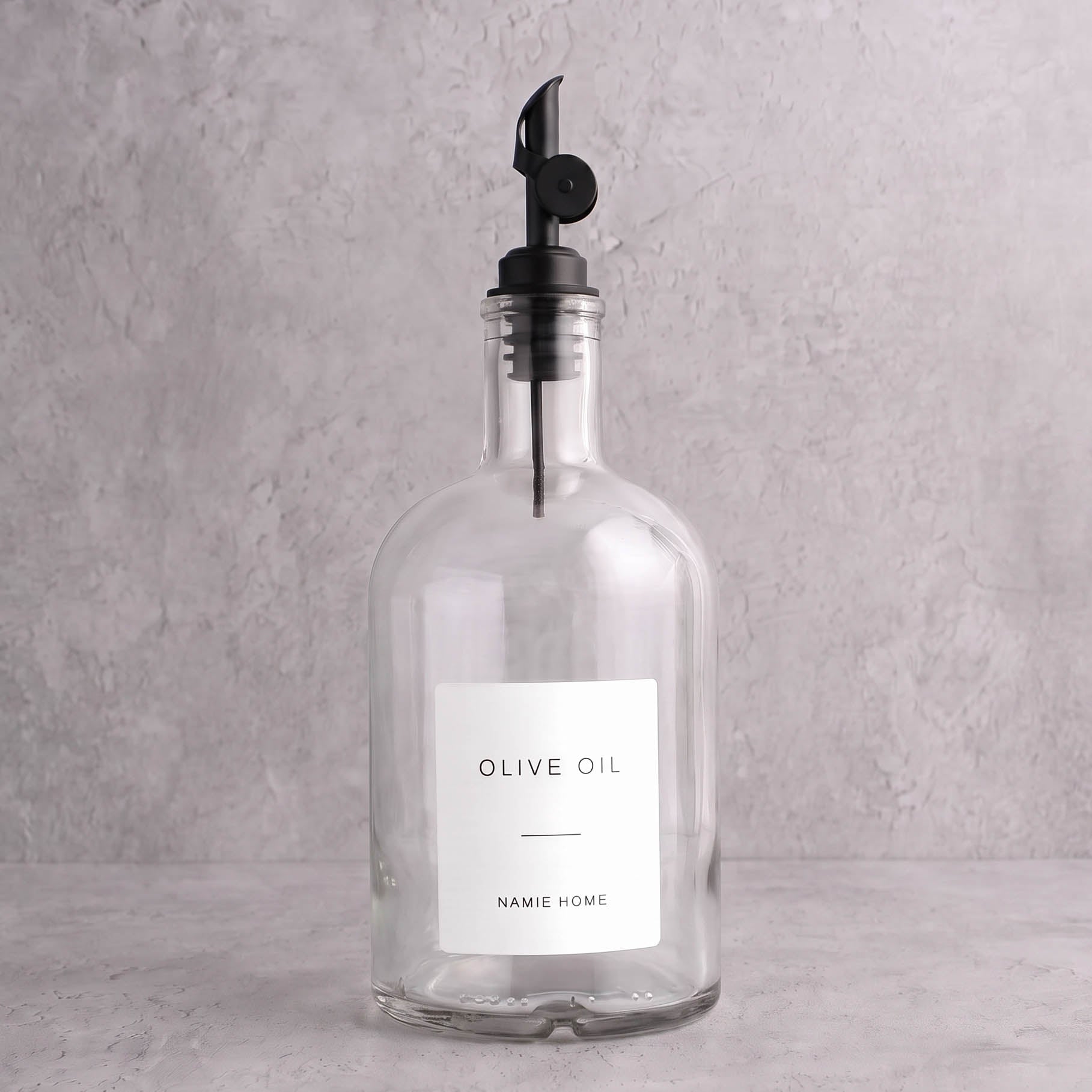 Clear Glass Tall Neck Oil Bottle With Label - black lid