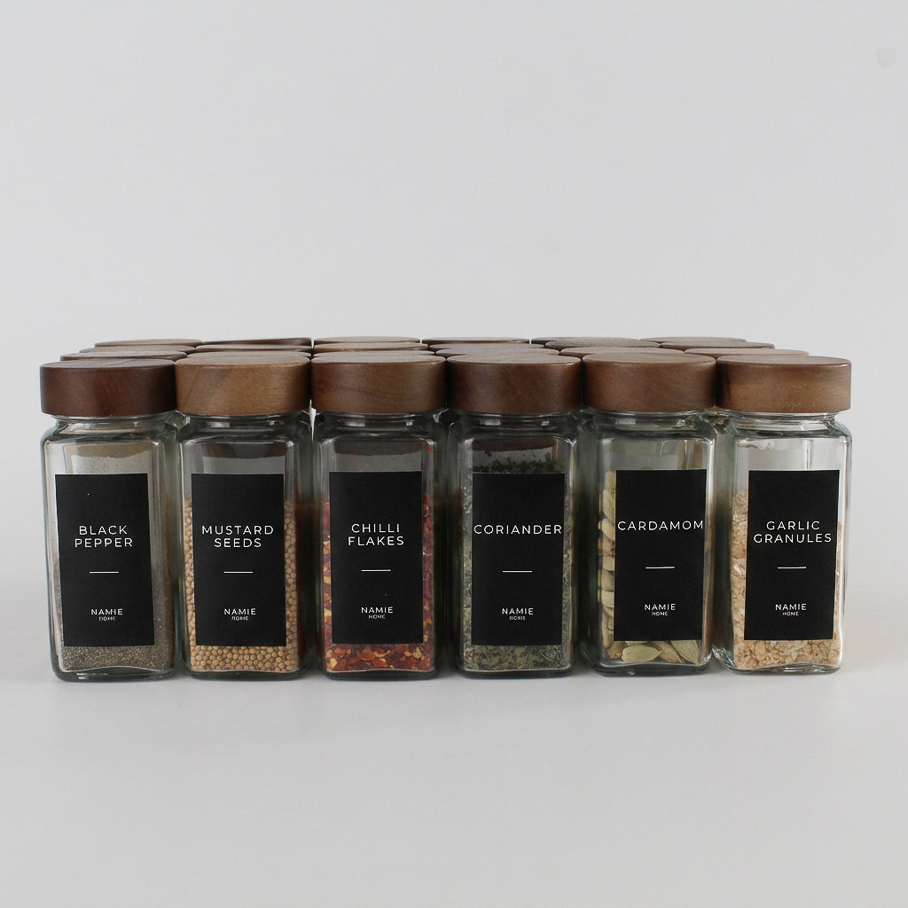 Spice Jar Set With Acacia Lids & 36 Black Labels 3