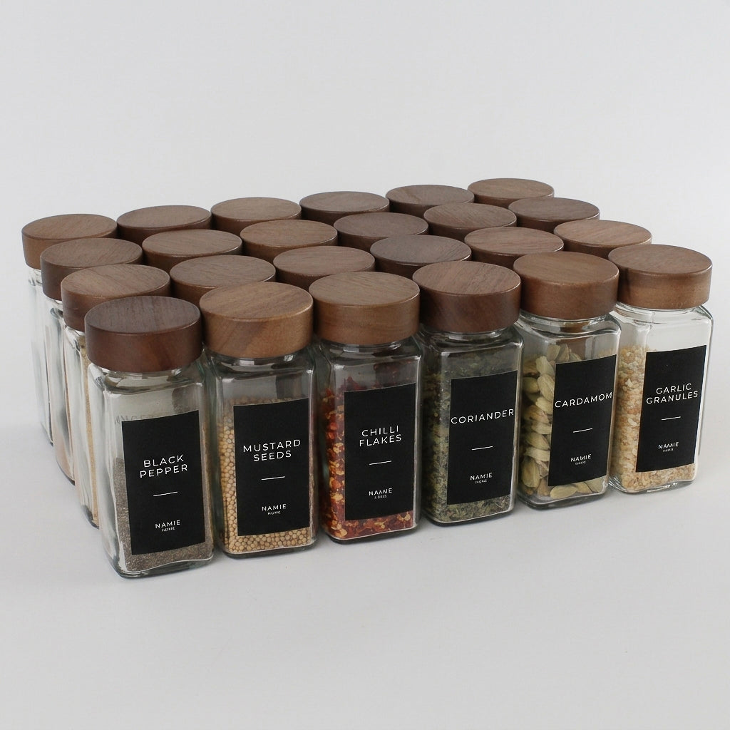 Spice Jar Set With Acacia Lids & 36 Black Labels