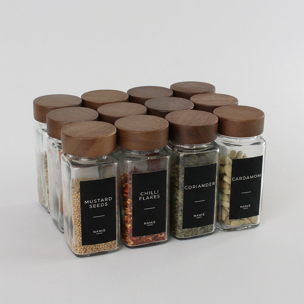 Spice Jar Set With Acacia Lids & 36 Black Labels 2