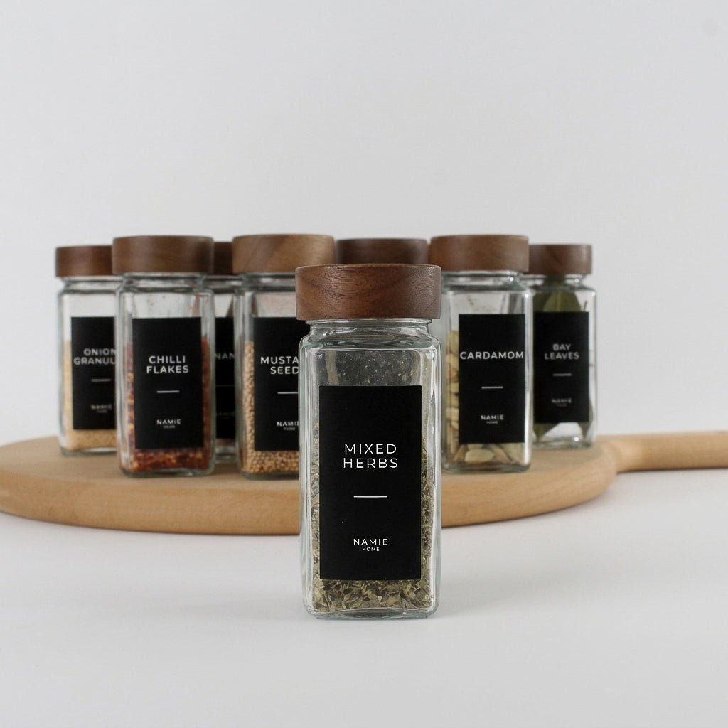 Spice Jar Set With Acacia Lids & 36 Black Labels 7