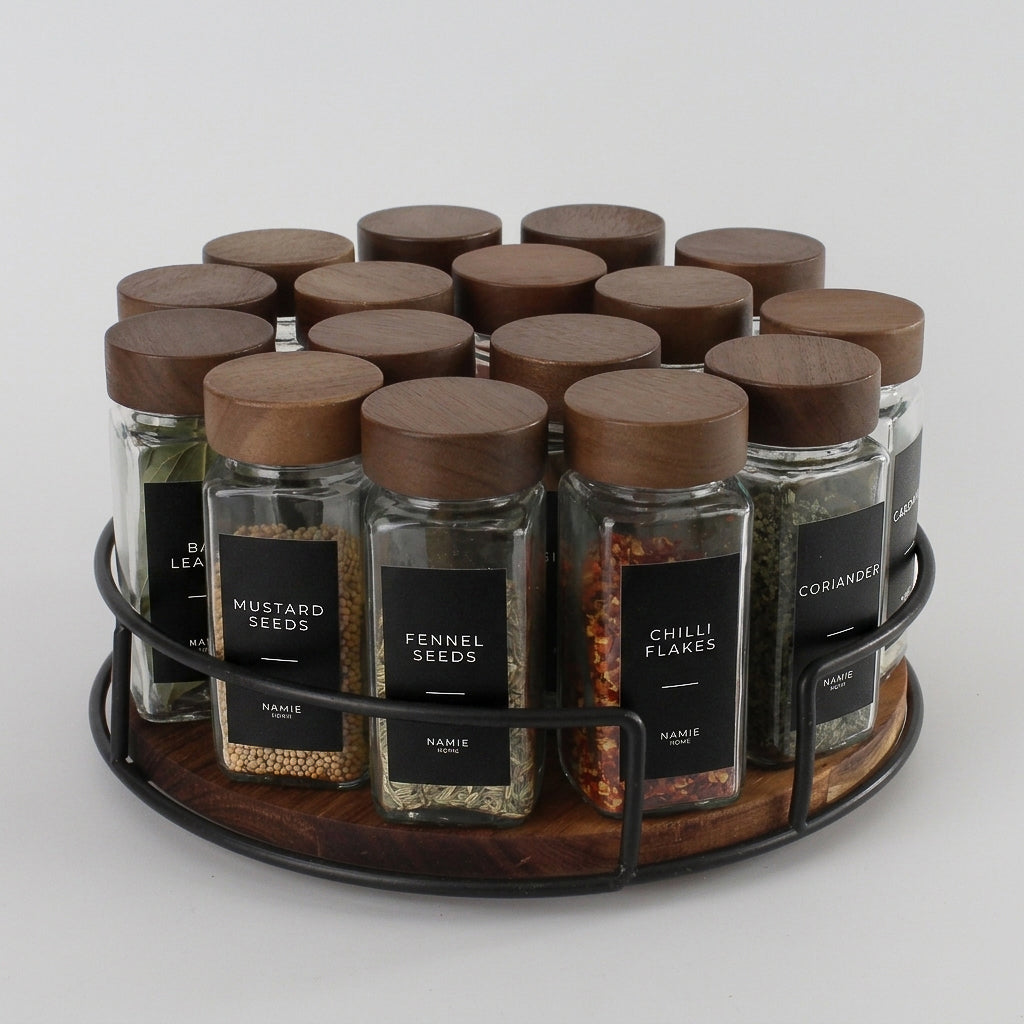 Spice Jar Set With Acacia Lids & 36 Black Labels 6