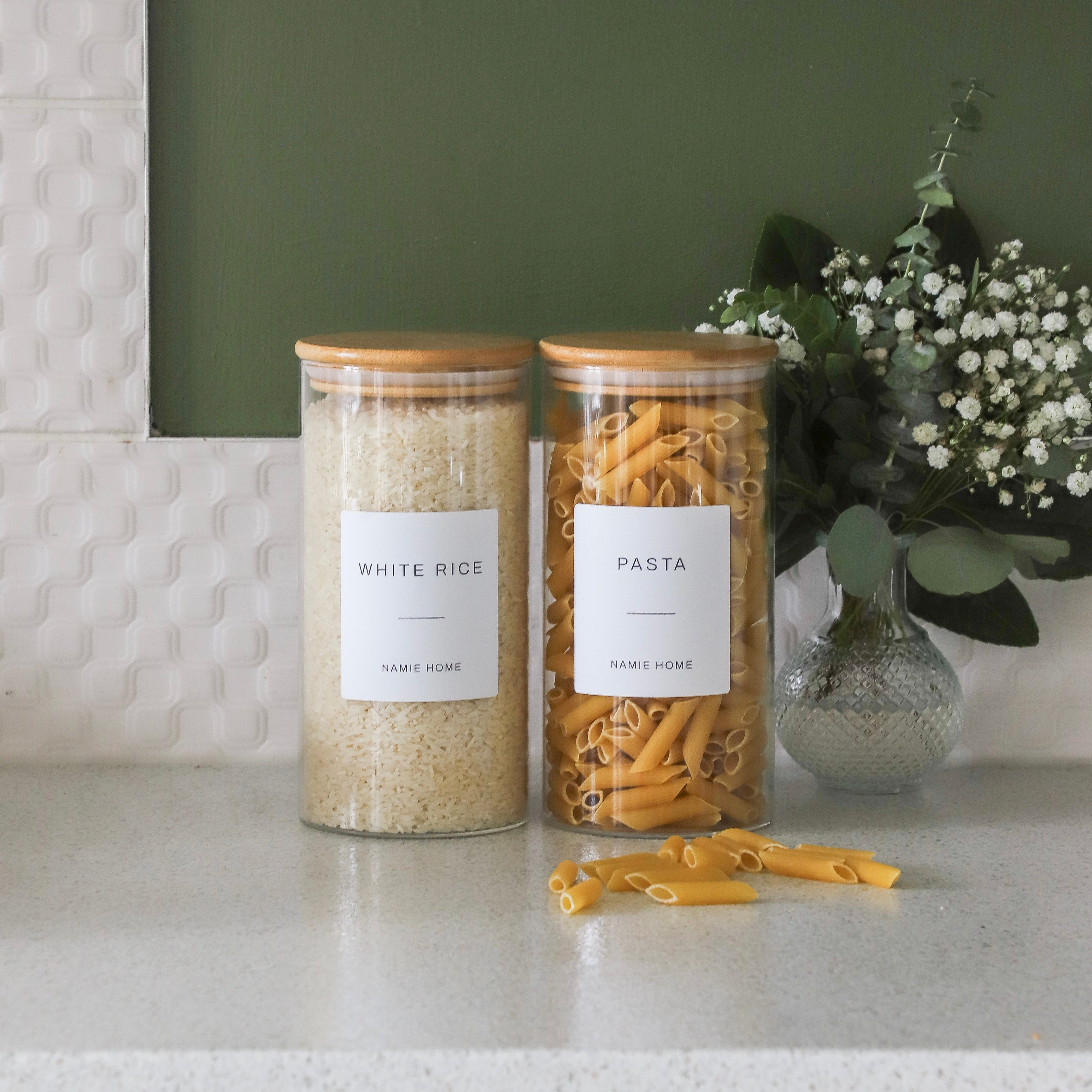 Pantry Storage Jar Set With Bamboo Lids - White Labels